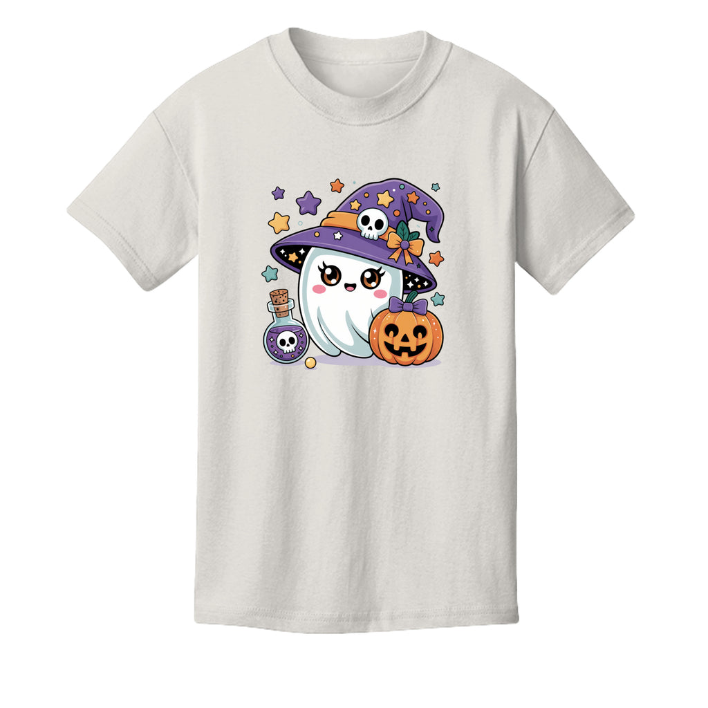 Vintage White - 3001Y - FRONT-Baby Ghost cute Halloween kids graphic tee — spooky season DTF print by Stu Borncat Creations