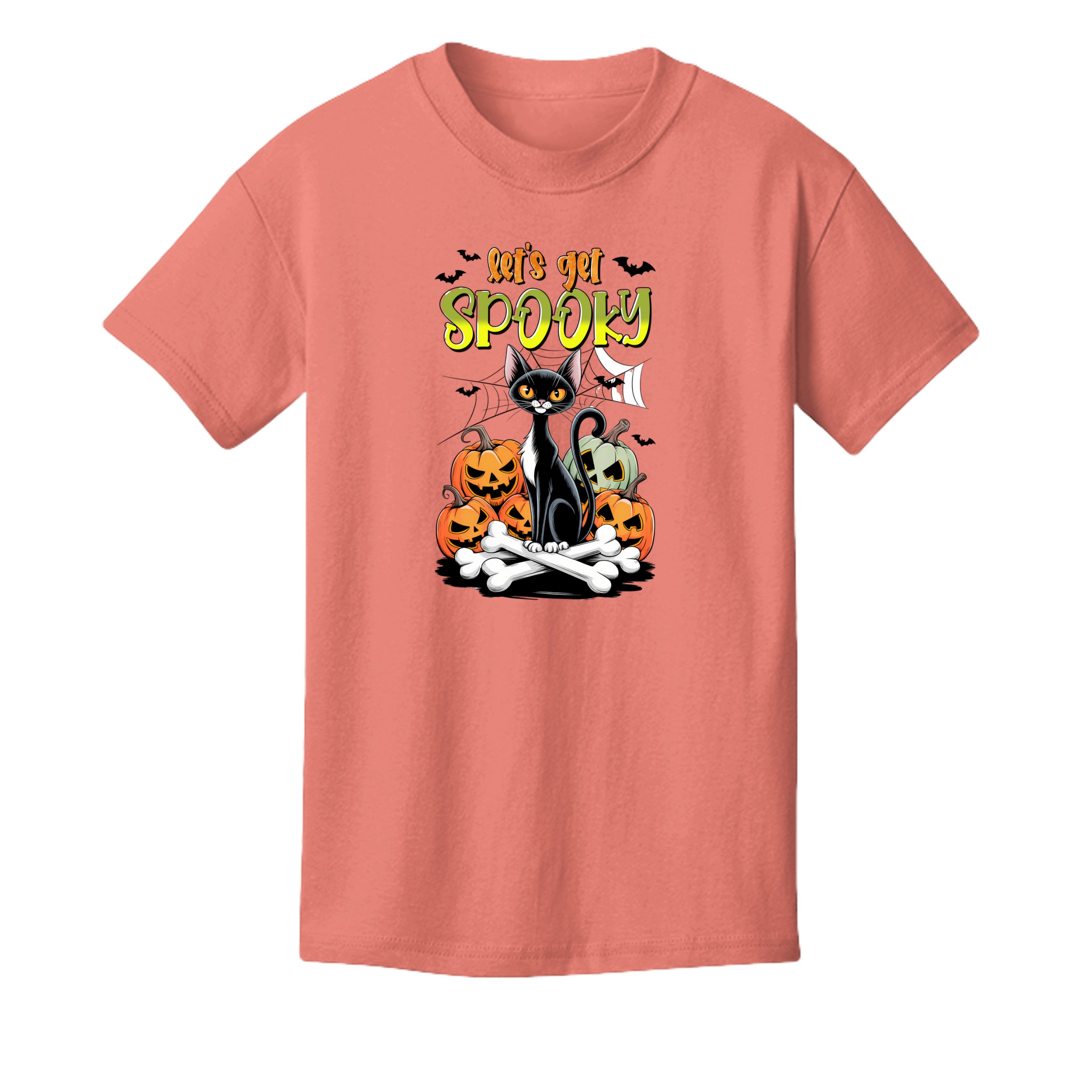 Peach - 3001Y - FRONT- Let's Get Spooky Halloween kids graphic tee — spooky season DTF print by Stu Borncat Creations