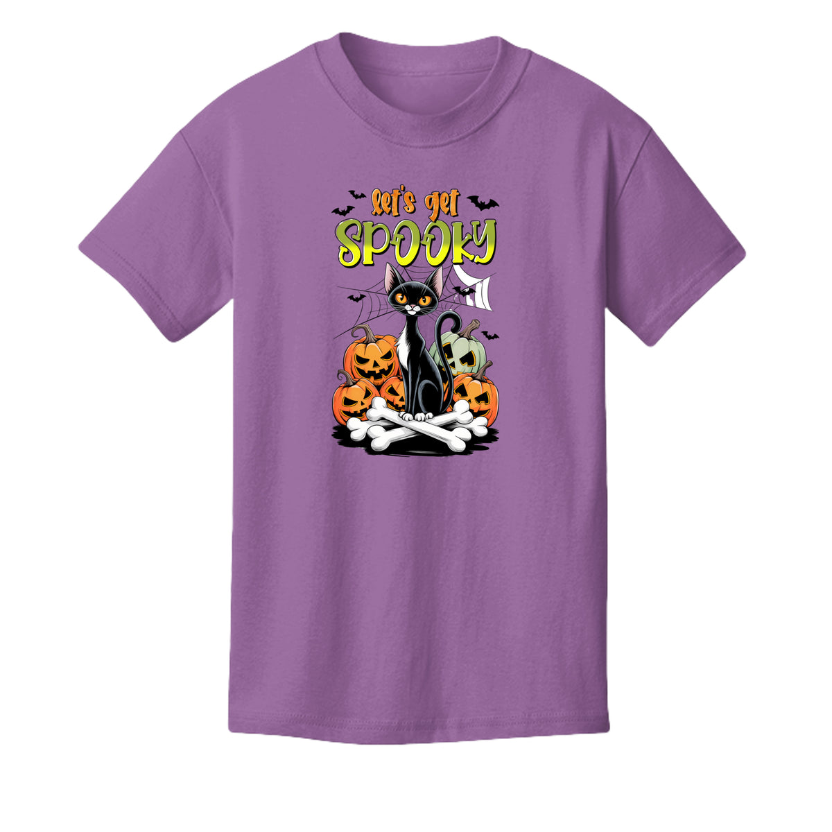 Dark Lavender - 3001Y - FRONT- Let's Get Spooky Halloween kids graphic tee — spooky season DTF print by Stu Borncat Creations