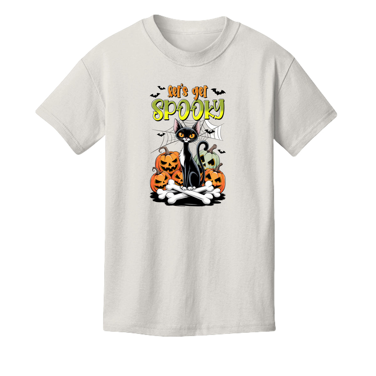 Vintage White - 3001Y - FRONT- Let's Get Spooky Halloween kids graphic tee — spooky season DTF print by Stu Borncat Creations