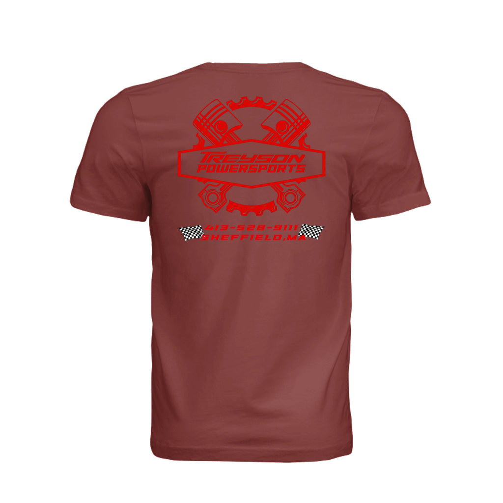 ndm:1299560-BACK-Clay-Treyson Powersports logo adult t-shirt — front view, custom print-on-demand by Stu Borncat Creations