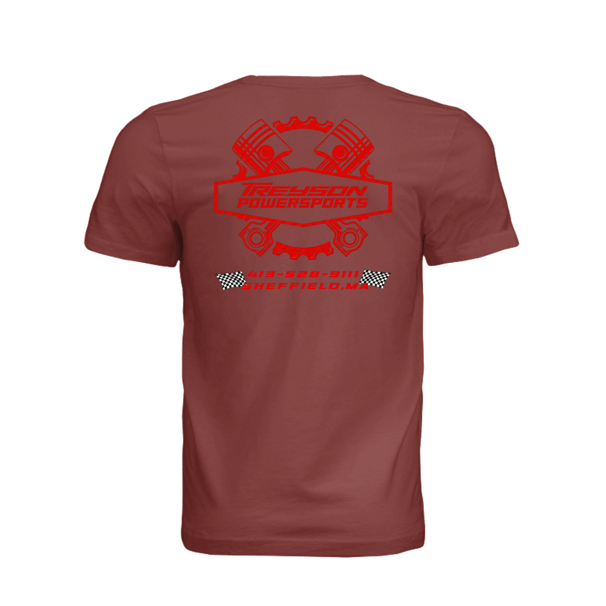 ndm:1299560-BACK-Clay-Treyson Powersports logo adult t-shirt — front view, custom print-on-demand by Stu Borncat Creations
