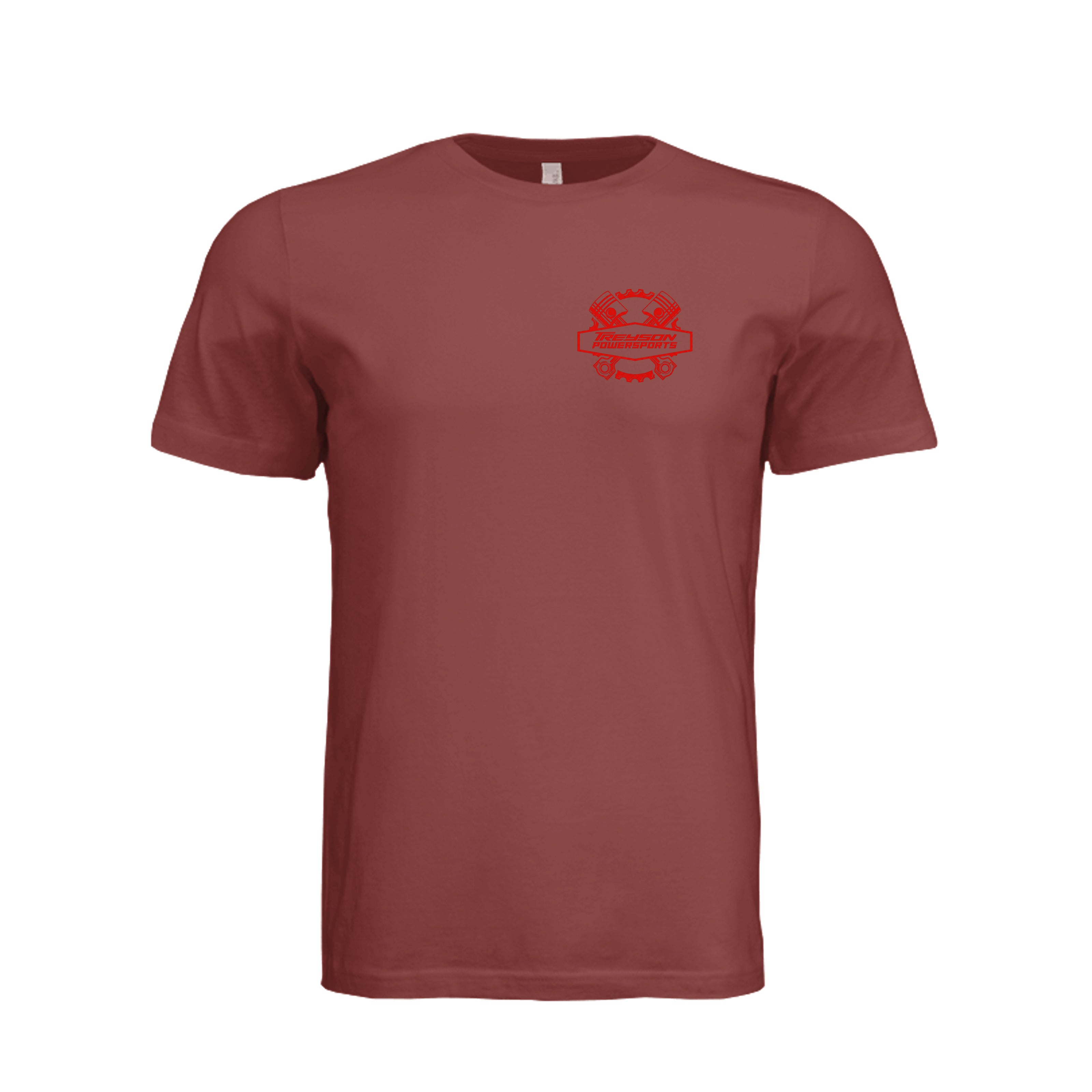 ndm:1299579 Clay-Front-Treyson Powersports BC graphic adult t-shirt  — front view, custom print-on-demand by Stu Borncat Creations