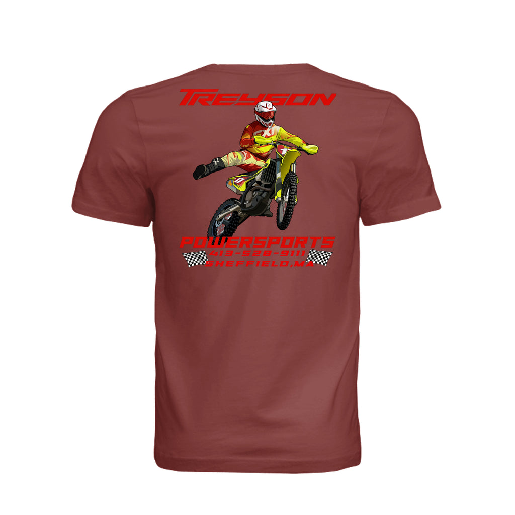 ndm:1299580- Clay-Back -Treyson Powersports BC graphic adult t-shirt  — front view, custom print-on-demand by Stu Borncat Creations
