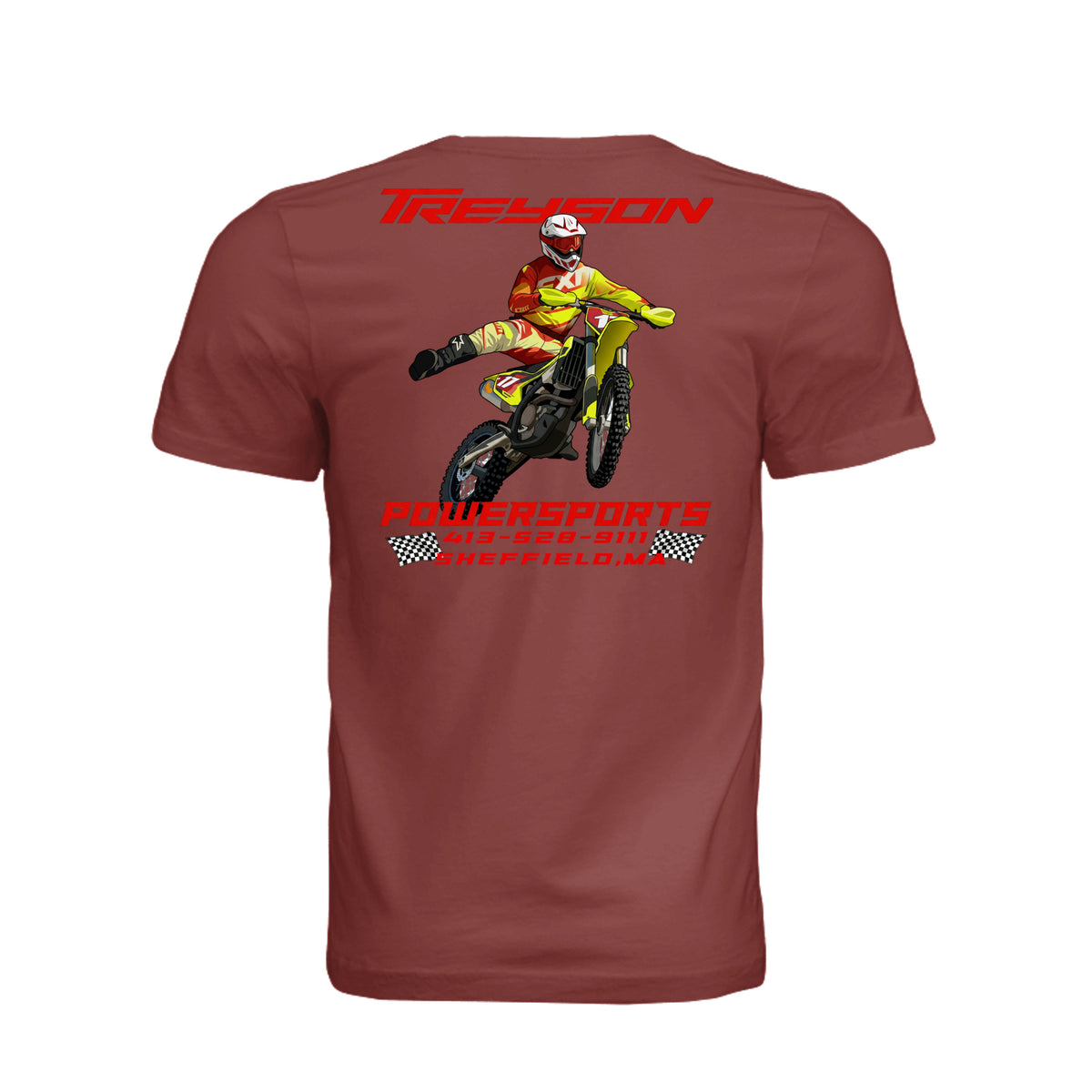 ndm:1299580- Clay-Back -Treyson Powersports BC graphic adult t-shirt  — front view, custom print-on-demand by Stu Borncat Creations