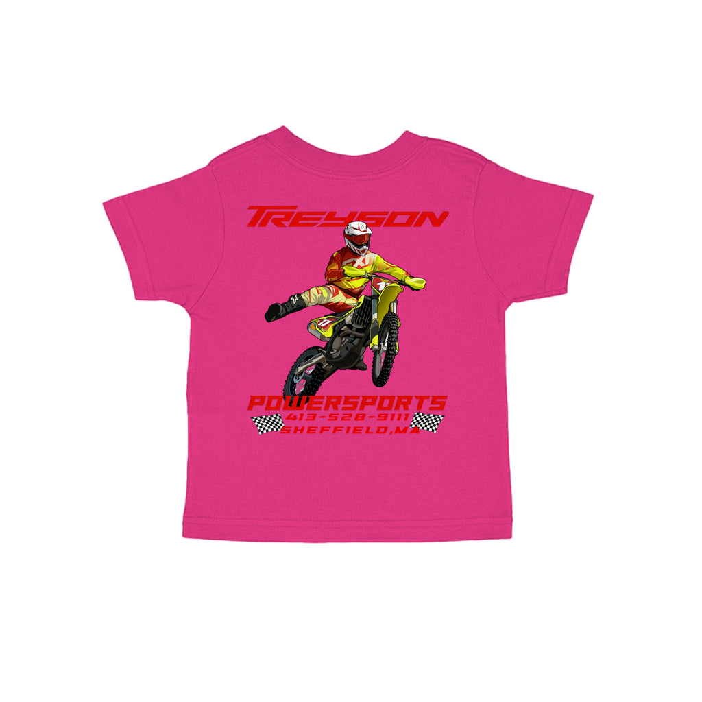ndm:1299610-Hot Pink-Treyson Powersports motorcycle graphic toddler t-shirt in Banana — back view, custom print-on-demand by Stu Borncat Creations