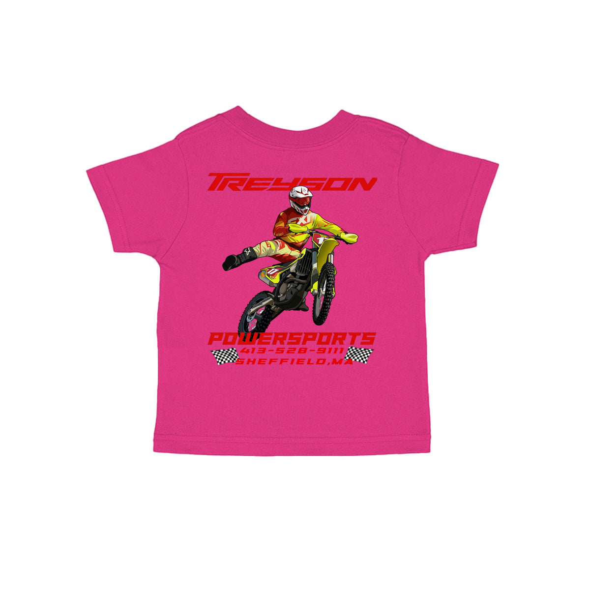 ndm:1299610-Hot Pink-Treyson Powersports motorcycle graphic toddler t-shirt in Banana — back view, custom print-on-demand by Stu Borncat Creations