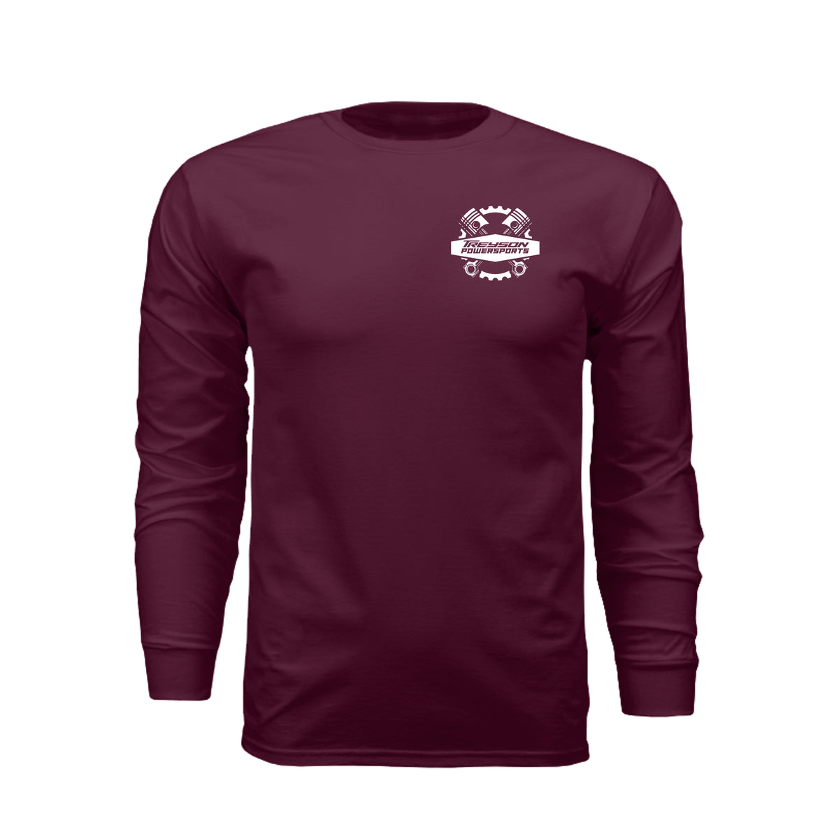ndm:1342258- Maroon-Treyson Powersports graphic long sleeve t-shirt — front view, custom print-on-demand by Stu Borncat Creations
