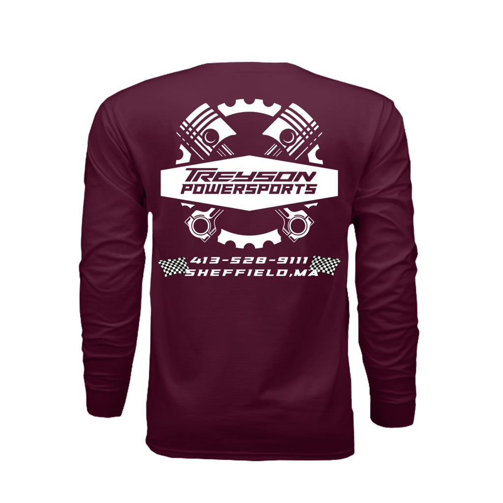 ndm:1342259-Maroon-Treyson Powersports graphic long sleeve t-shirt — front view, custom print-on-demand by Stu Borncat Creations-