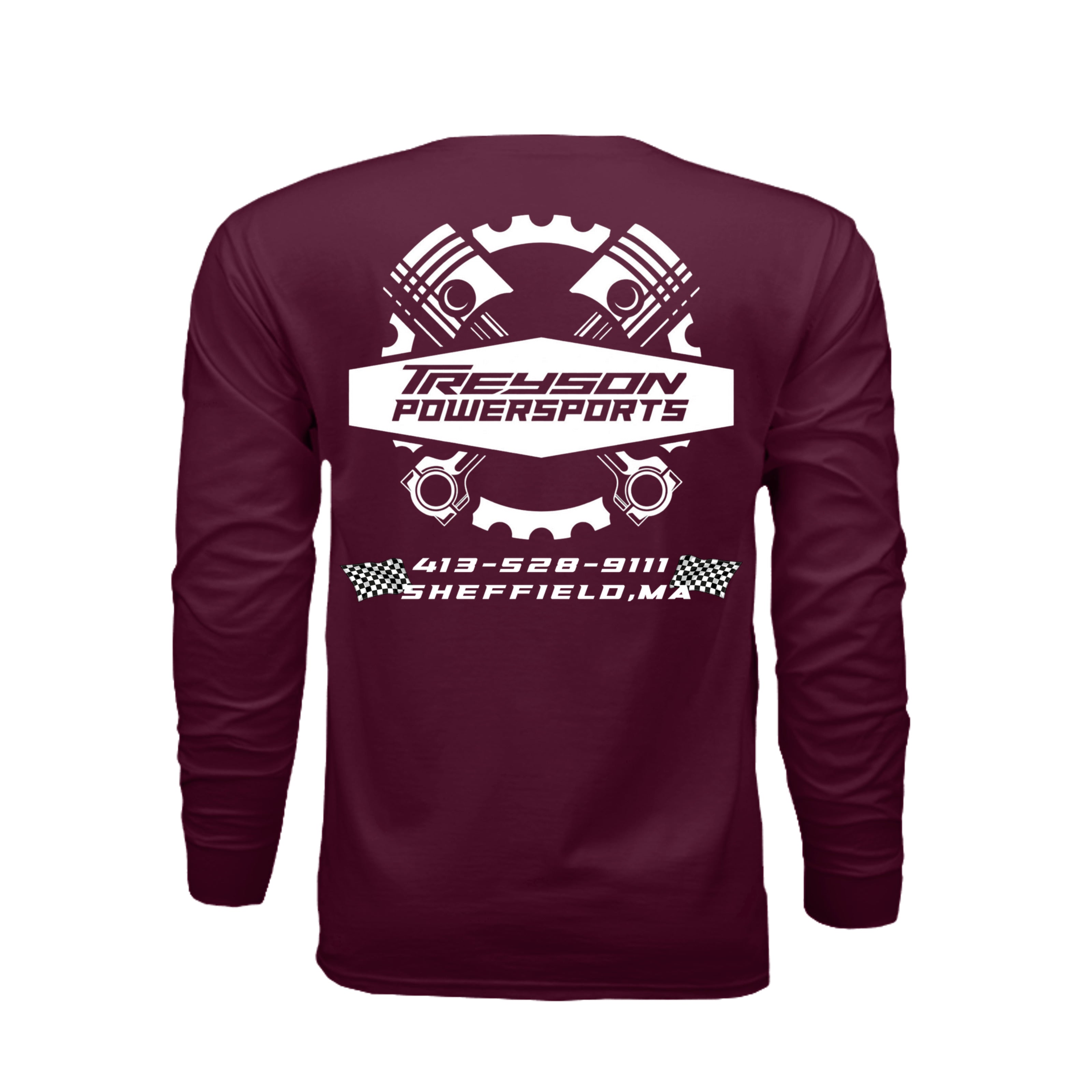 ndm:1342259-Maroon-Treyson Powersports graphic long sleeve t-shirt — front view, custom print-on-demand by Stu Borncat Creations-
