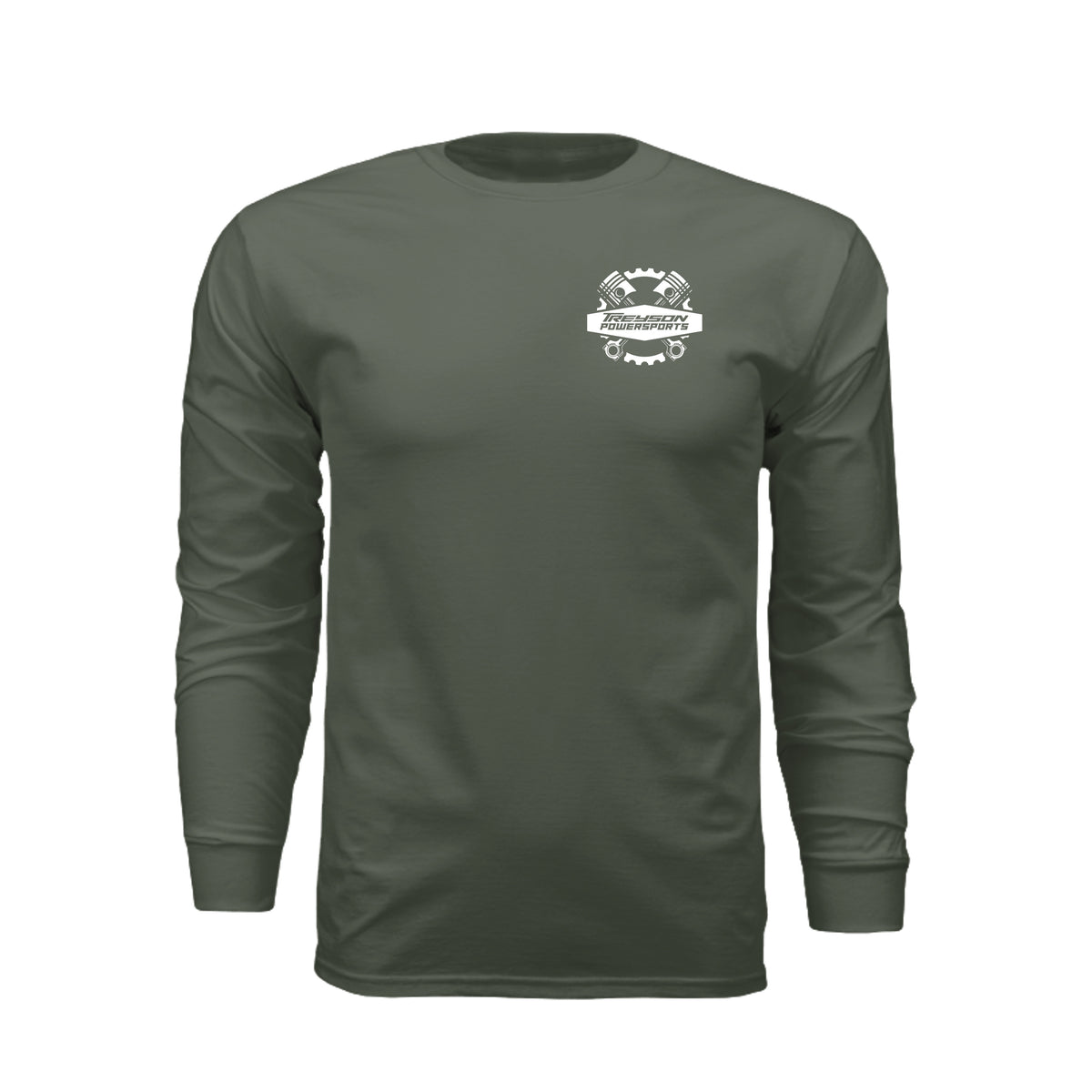 ndm:1342260-Military Green-Treyson Powersports graphic long sleeve t-shirt — front view, custom print-on-demand by Stu Borncat Creations