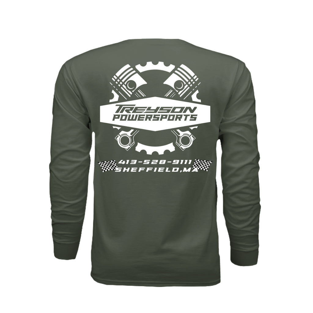 ndm:1342261-Military Green-Treyson Powersports graphic long sleeve t-shirt — front view, custom print-on-demand by Stu Borncat Creations