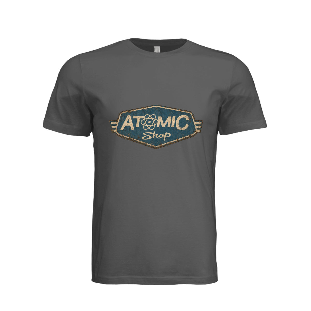 ndm:1344659-Asphalt- Front- Atomic Shop custom graphic t-shirt — DTF print adult tee by Stu Borncat Creations, Berkshire County MA