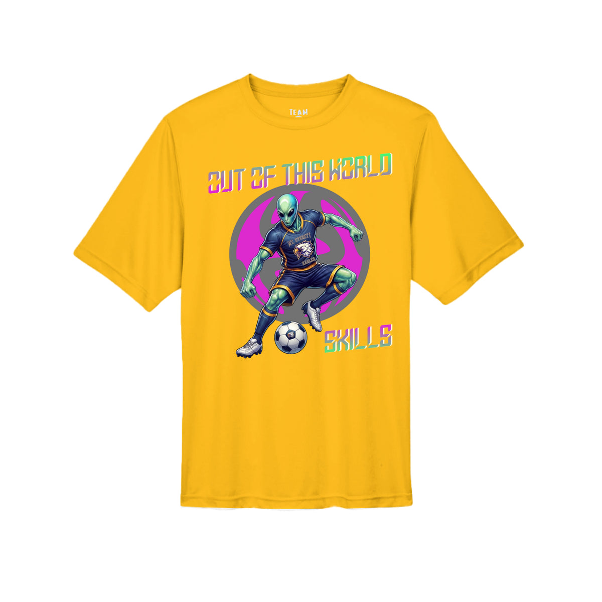 ndm:1349546- Gold-Mt Everett Eagles Out of This World adult graphic t-shirt — school spirit apparel by Stu Borncat Creations 