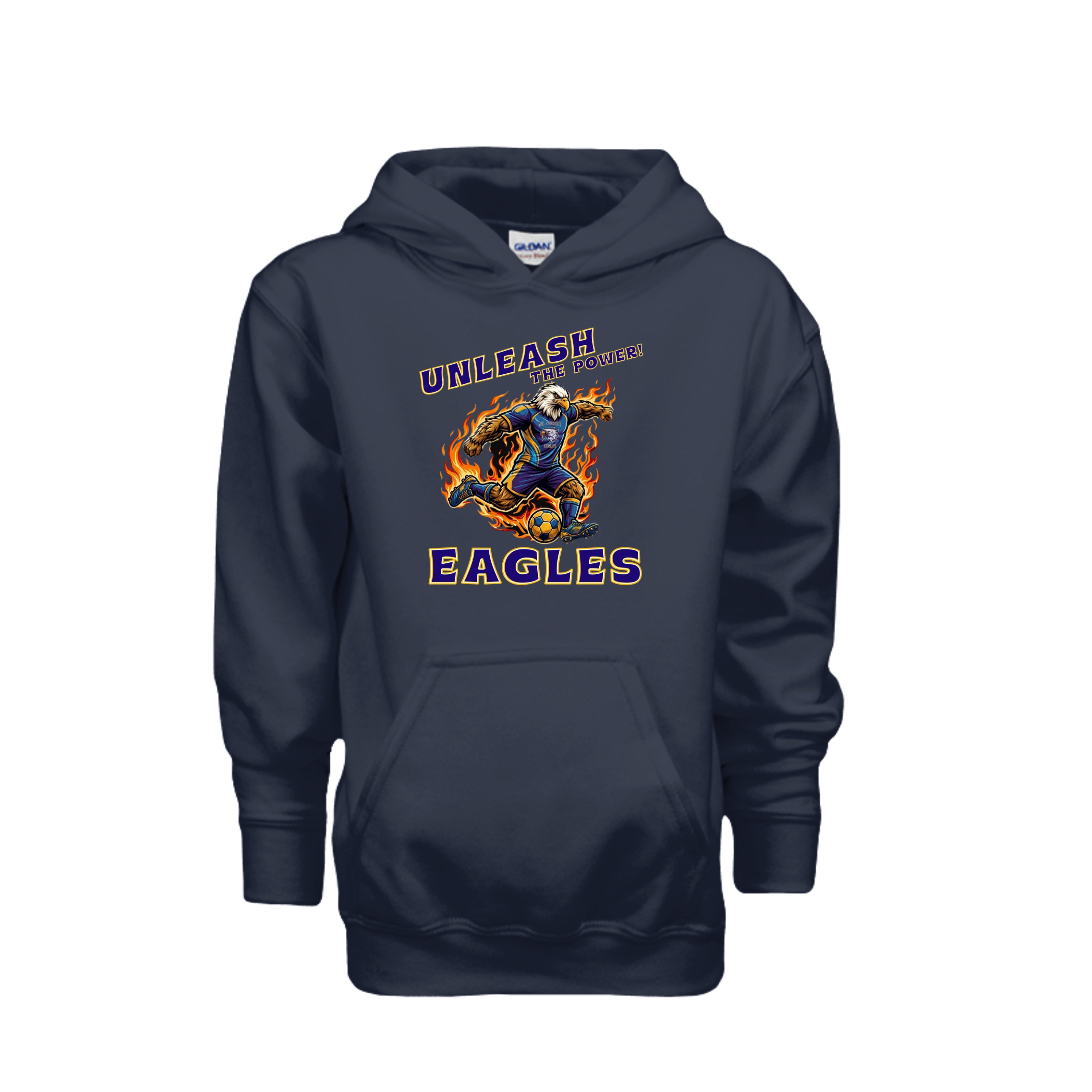 ndm:1425543 — Mt Everett Eagles Unleash the Power kids hoodie — school spirit apparel by Stu Borncat Creations