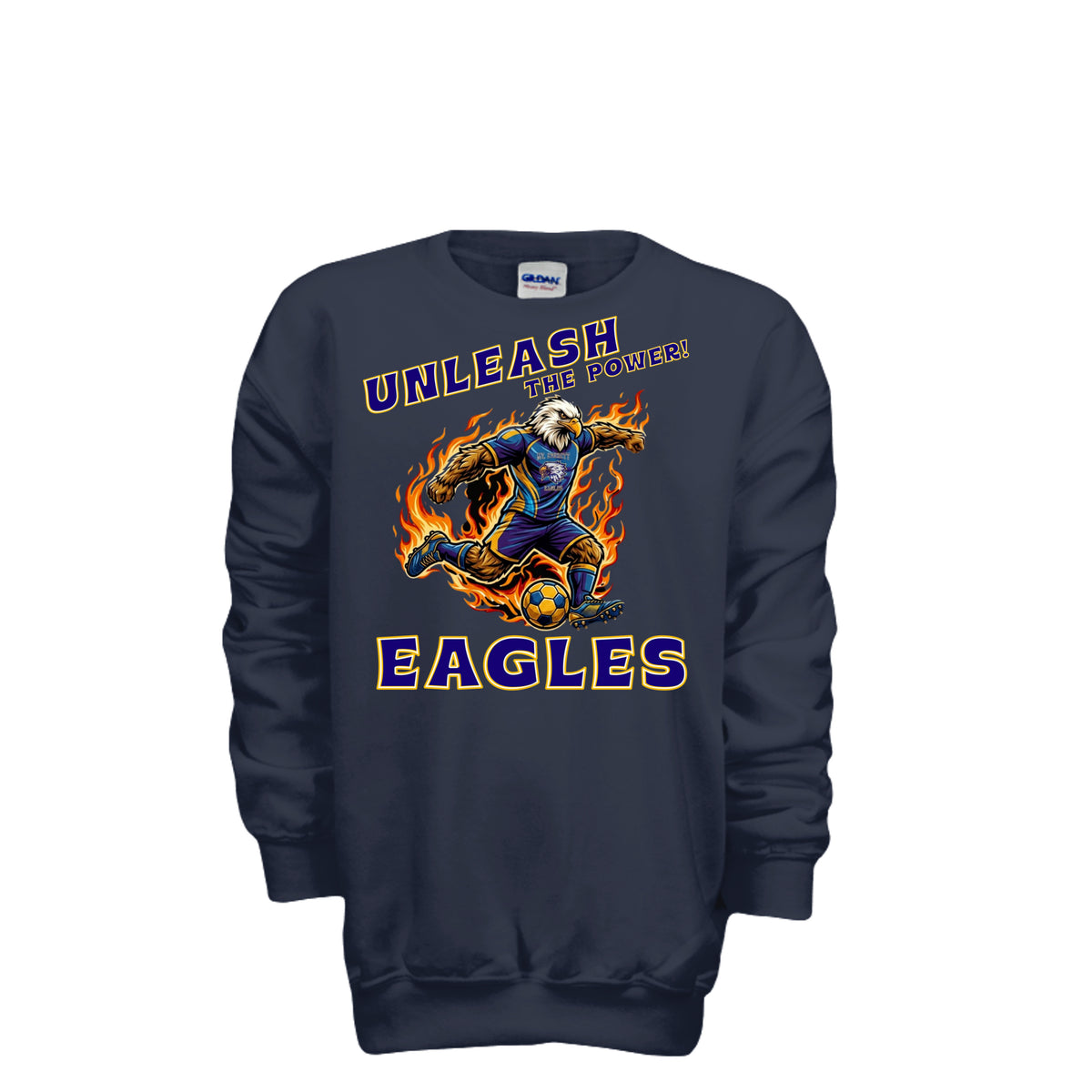 ndm:1427371   — Mt Everett Eagles Unleash the Power kids crewneck sweatshirt — school spirit apparel by Stu Borncat Creations