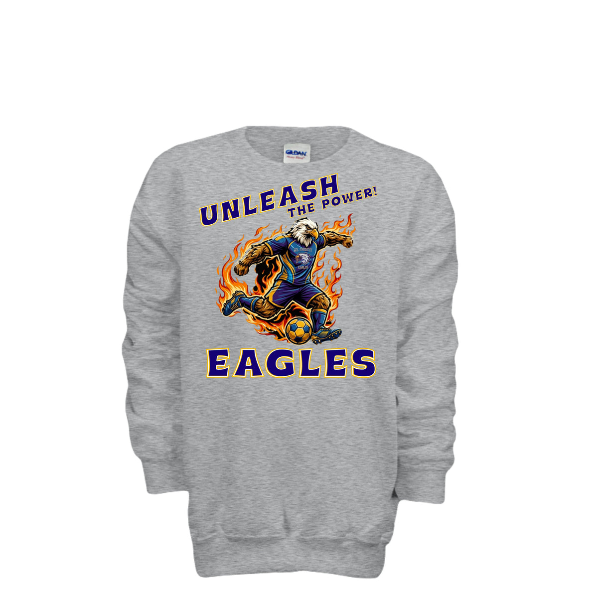 ndm:1427374   — Mt Everett Eagles Unleash the Power kids crewneck sweatshirt — school spirit apparel by Stu Borncat Creations