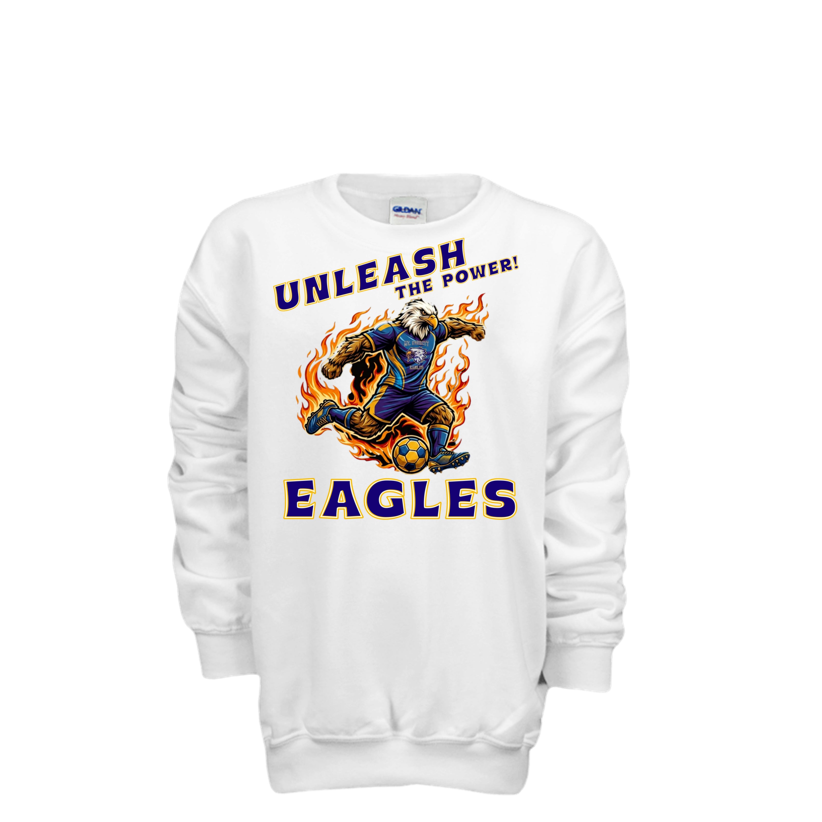 ndm:1427377  — Mt Everett Eagles Unleash the Power kids crewneck sweatshirt — school spirit apparel by Stu Borncat Creations