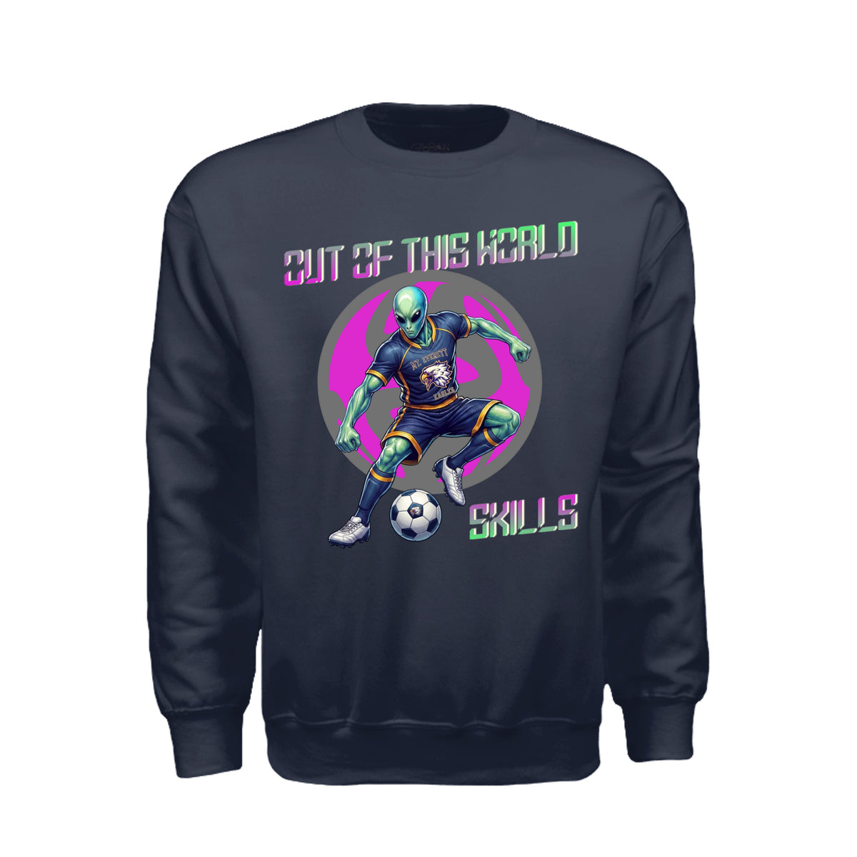 ndm:1430603  — Mt Eagles Out of This World Alien Invasion adult crewneck sweatshirt — school spirit apparel by Stu Borncat Creations