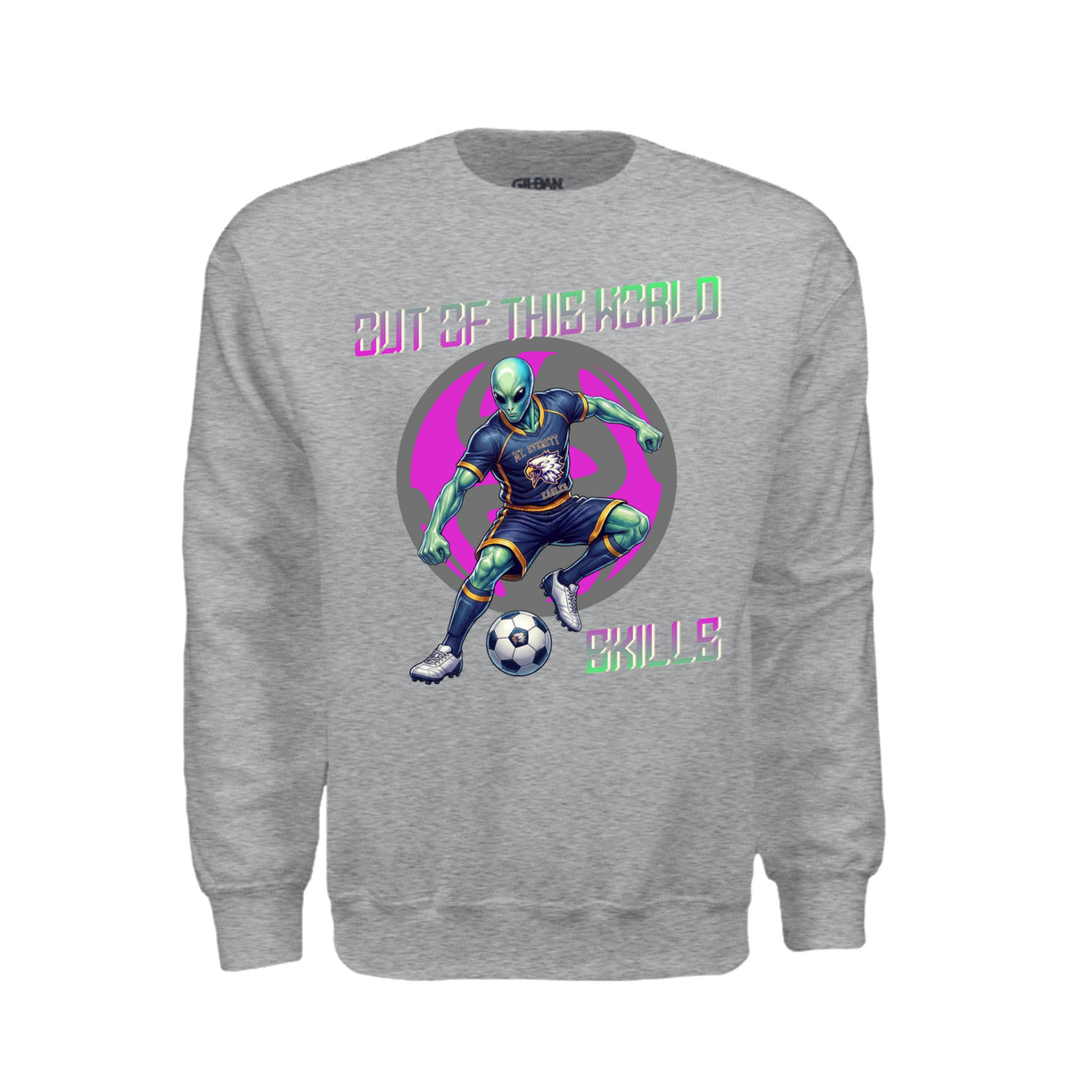 ndm:1430609  — Mt Eagles Out of This World Alien Invasion adult crewneck sweatshirt — school spirit apparel by Stu Borncat Creations