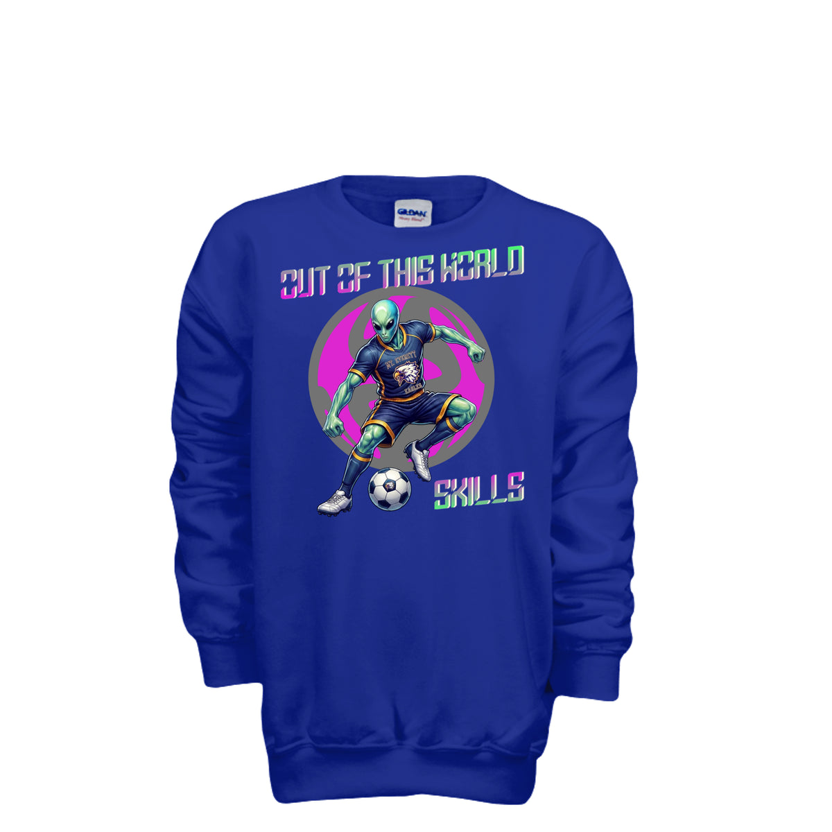 ndm:1430938 — Mt Eagles Out of This World Alien Invasion kids crewneck sweatshirt — school spirit apparel by Stu Borncat Creations