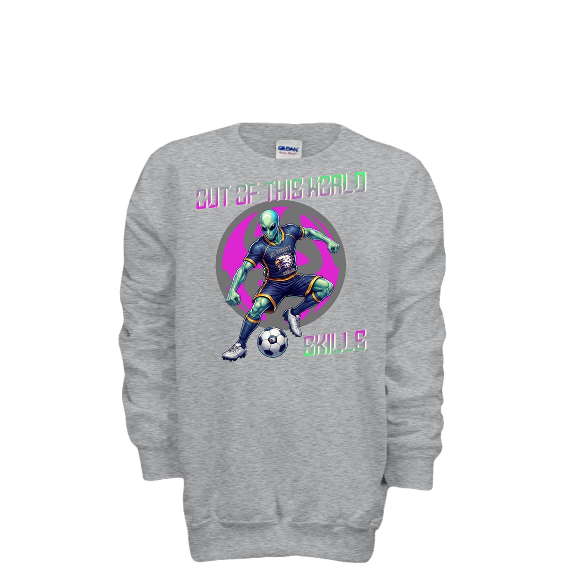 ndm:1430944 — Mt Eagles Out of This World Alien Invasion kids crewneck sweatshirt — school spirit apparel by Stu Borncat Creations