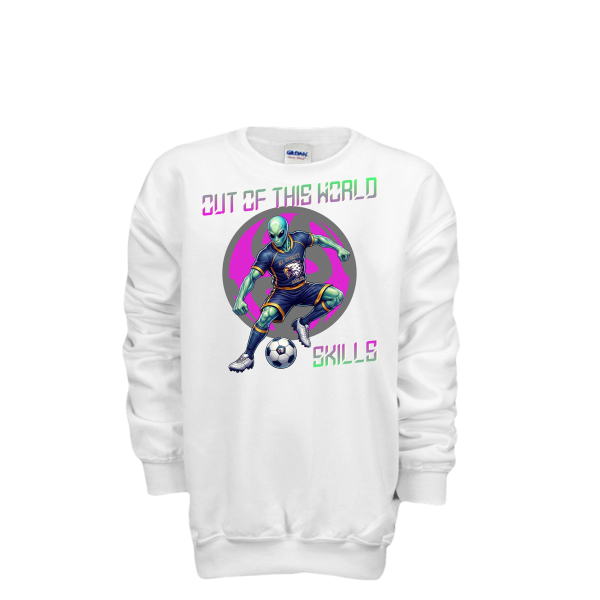 ndm:1430947 — Mt Eagles Out of This World Alien Invasion kids crewneck sweatshirt — school spirit apparel by Stu Borncat Creations