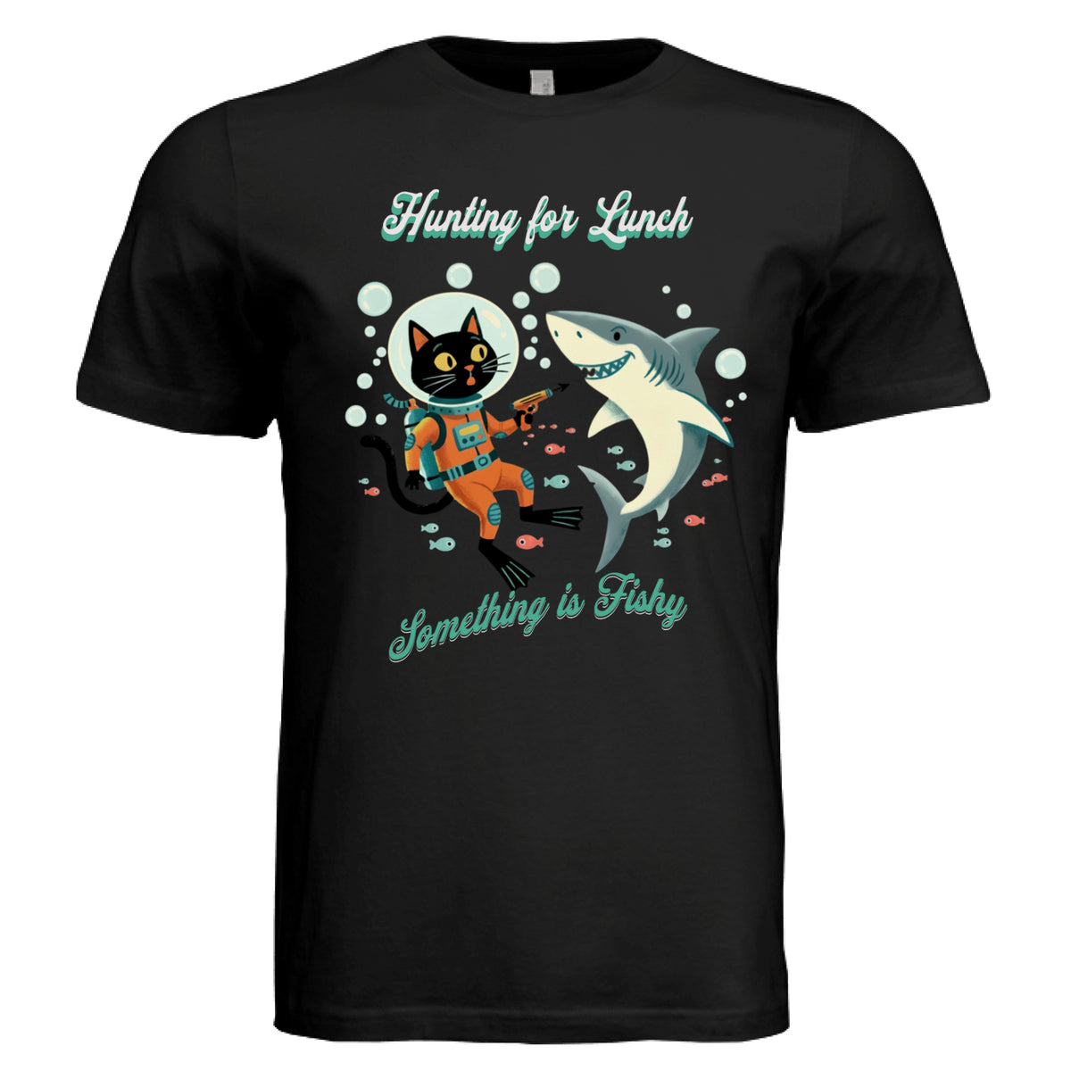 ndm:153900 — Hunting for Lunch cat lovers graphic t-shirt — custom DTF print by Stu Borncat Creations
