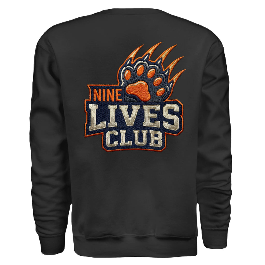 ndm:154586 — 9 Lives Club faux embroidery cat lovers sweatshirt — custom DTF print by Stu Borncat Creations