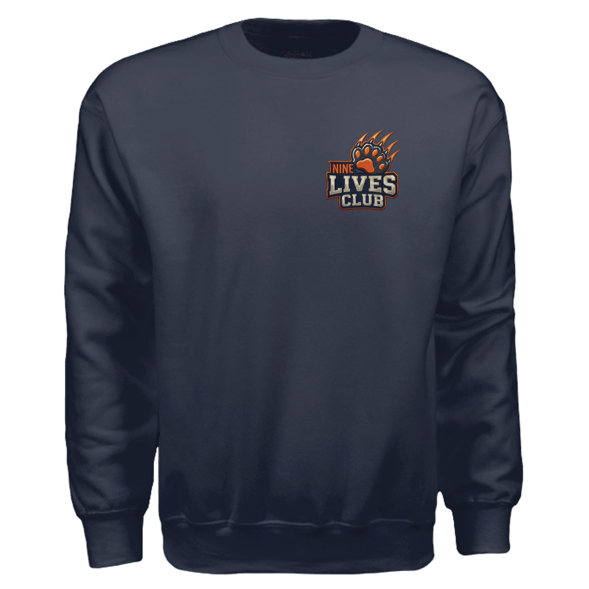 ndm:154589 — 9 Lives Club faux embroidery cat lovers sweatshirt — custom DTF print by Stu Borncat Creations