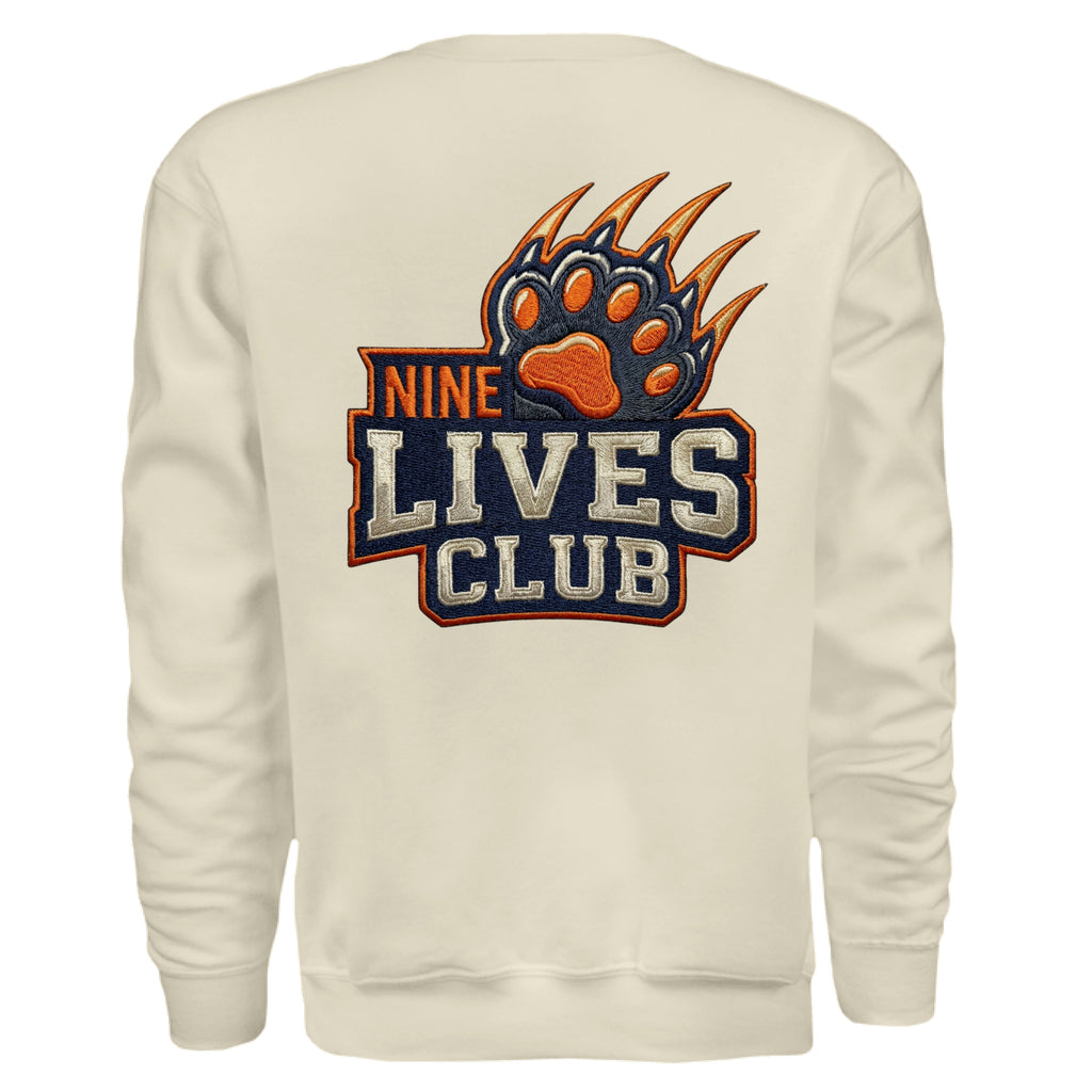 ndm:154592 — 9 Lives Club faux embroidery cat lovers sweatshirt — custom DTF print by Stu Borncat Creations