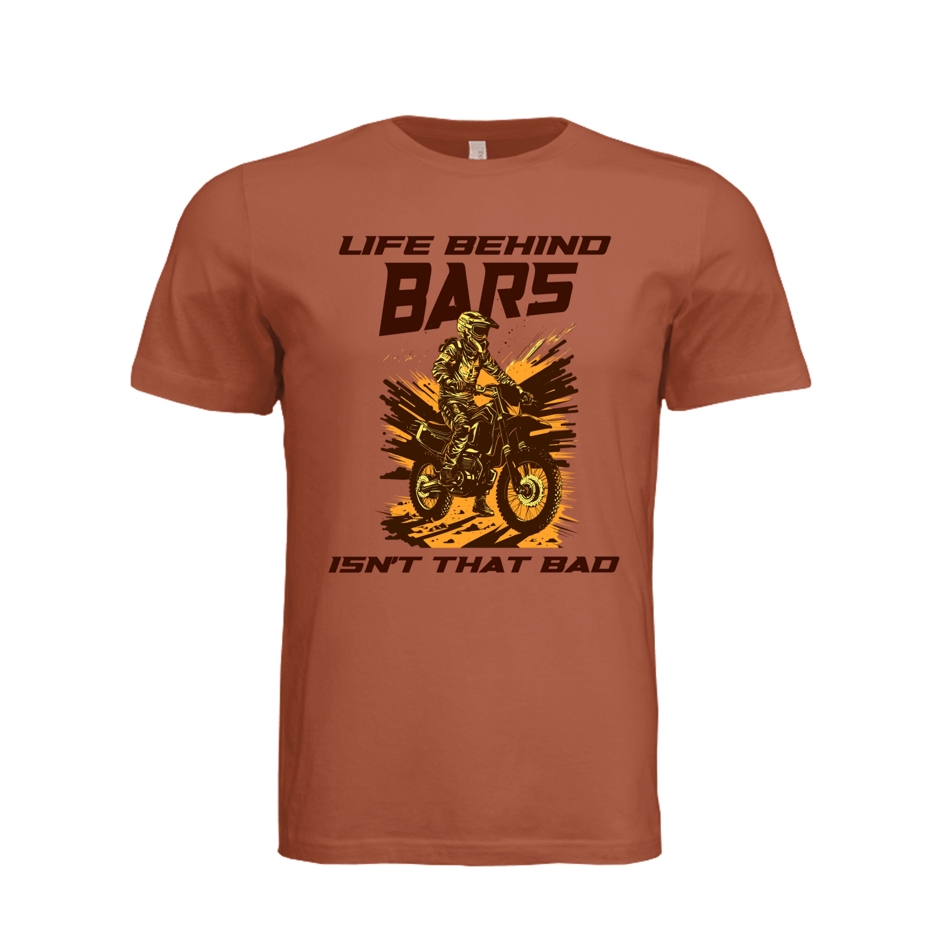 ndm:1590655  — Life Behind Bars biker graphic adult t-shirt — custom DTF print by Stu Borncat Creations
