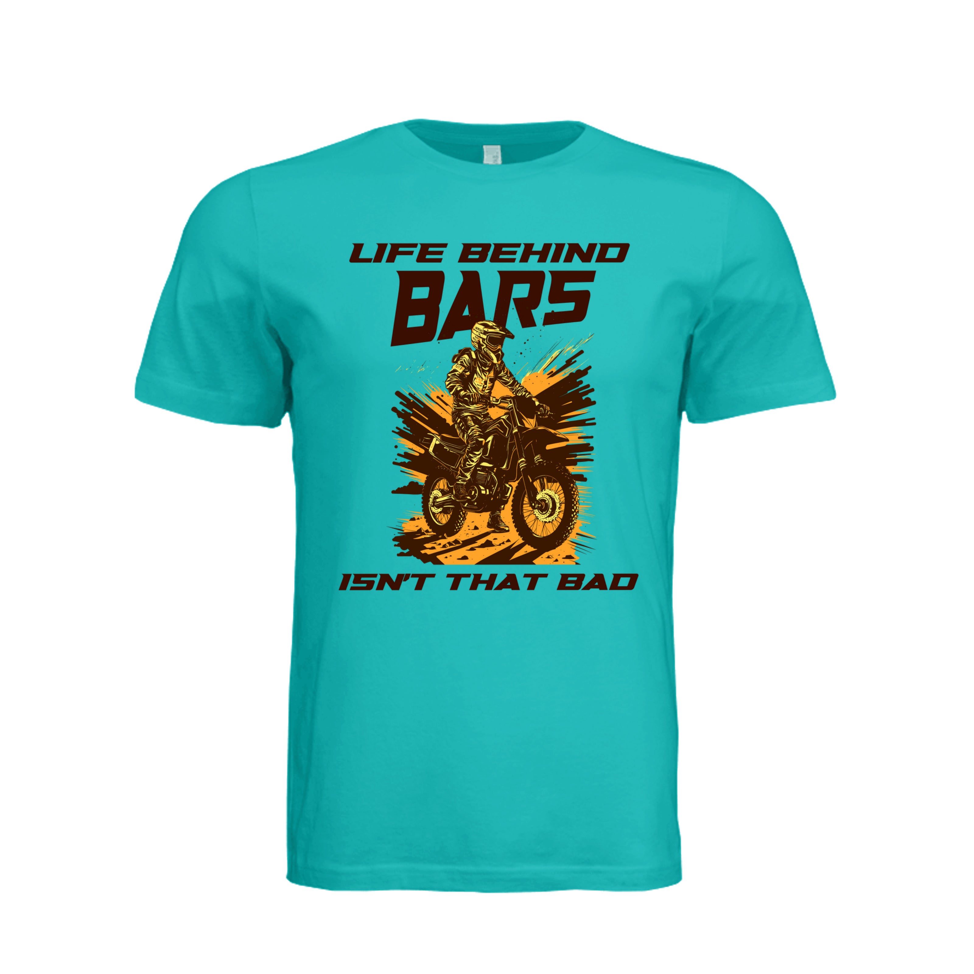 ndm:1590667  — Life Behind Bars biker graphic adult t-shirt — custom DTF print by Stu Borncat Creations