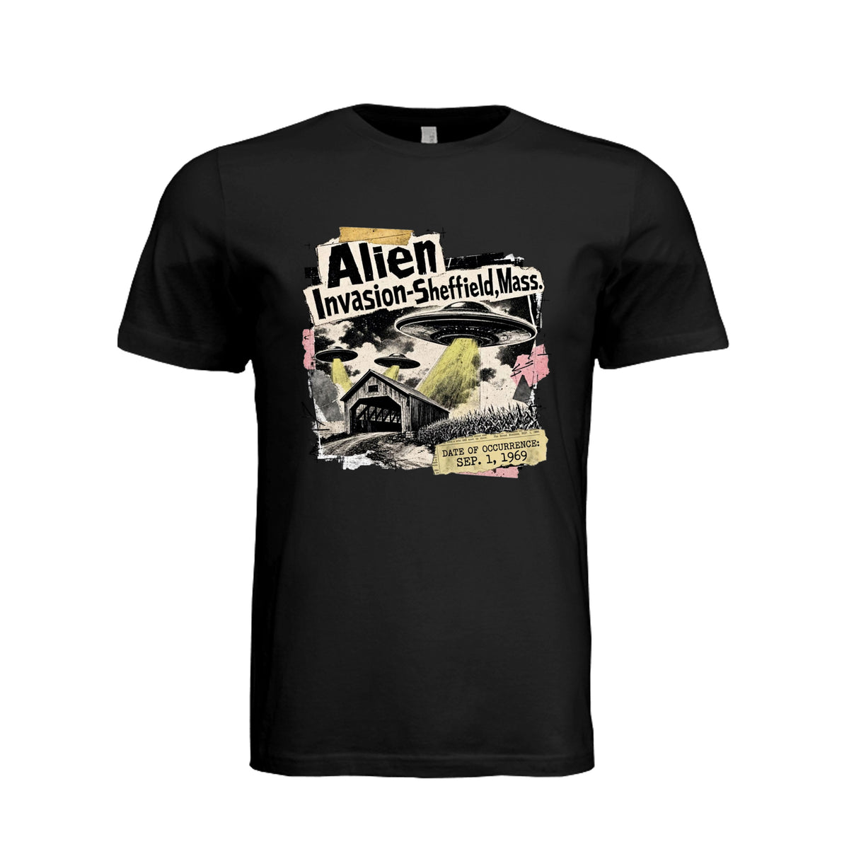 ndm:1780894-Adult graphic T-shirt featuring a grunge-style alien invasion and UFO design, custom DTF print by Stu Borncat Creations.