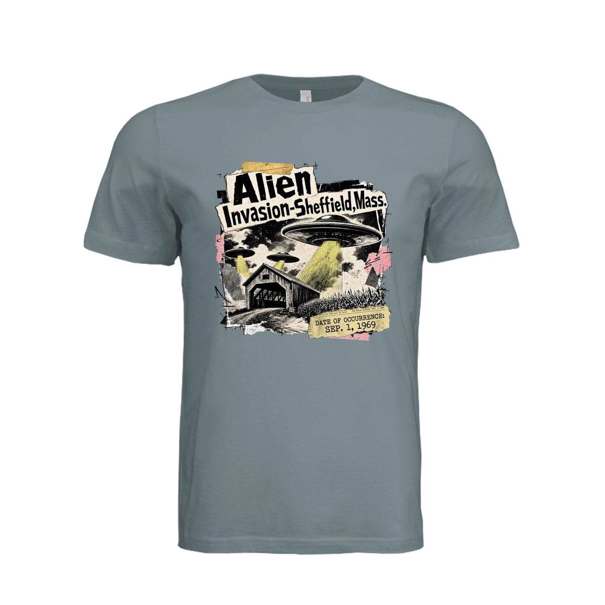 ndm:1780896-Adult graphic T-shirt featuring a grunge-style alien invasion and UFO design, custom DTF print by Stu Borncat Creations.