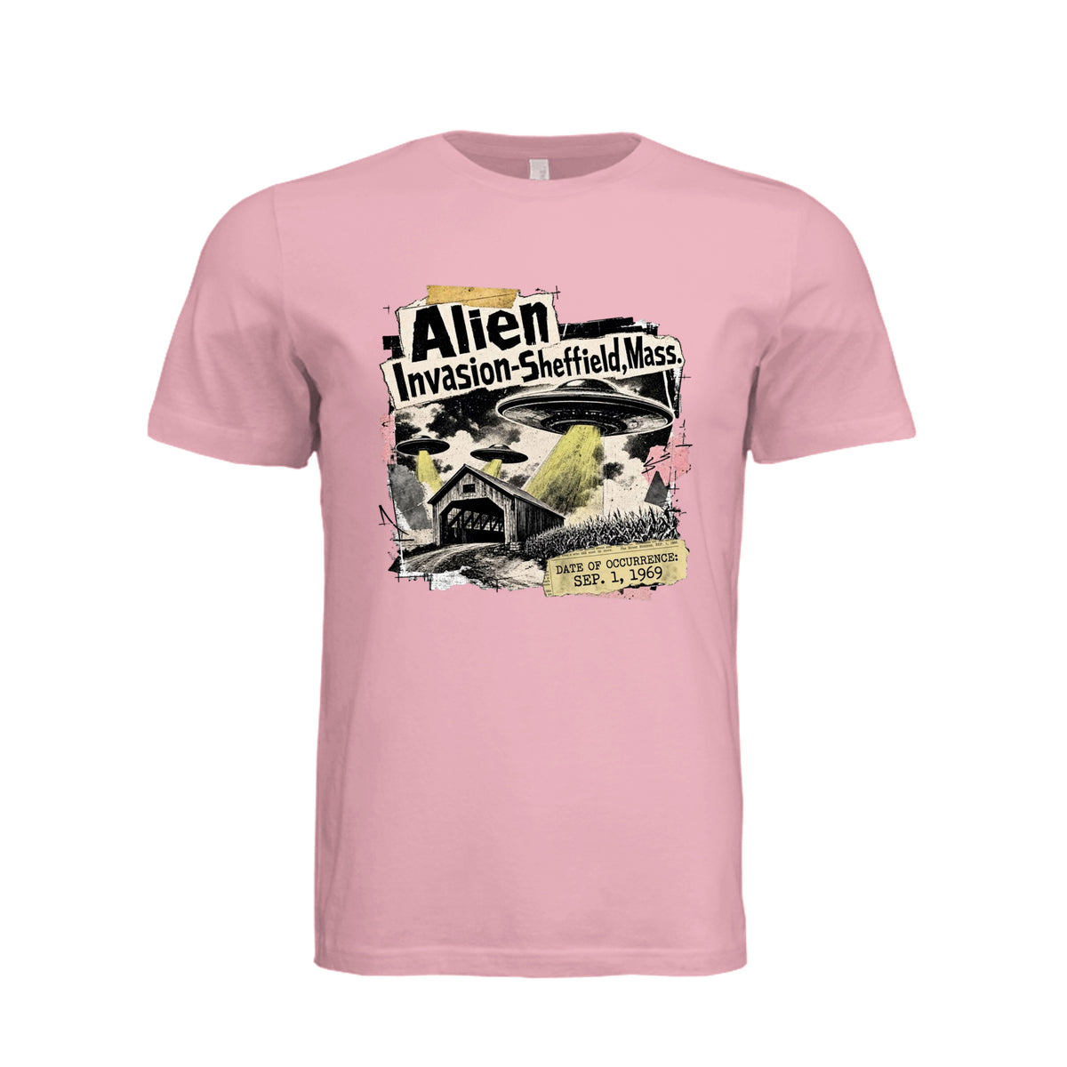ndm:1780898-Adult graphic T-shirt featuring a grunge-style alien invasion and UFO design, custom DTF print by Stu Borncat Creations.