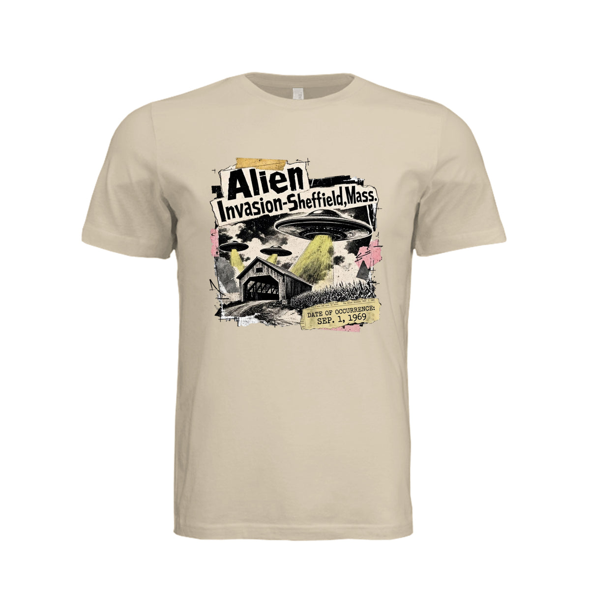 ndm:1780900-Adult graphic T-shirt featuring a grunge-style alien invasion and UFO design, custom DTF print by Stu Borncat Creations.