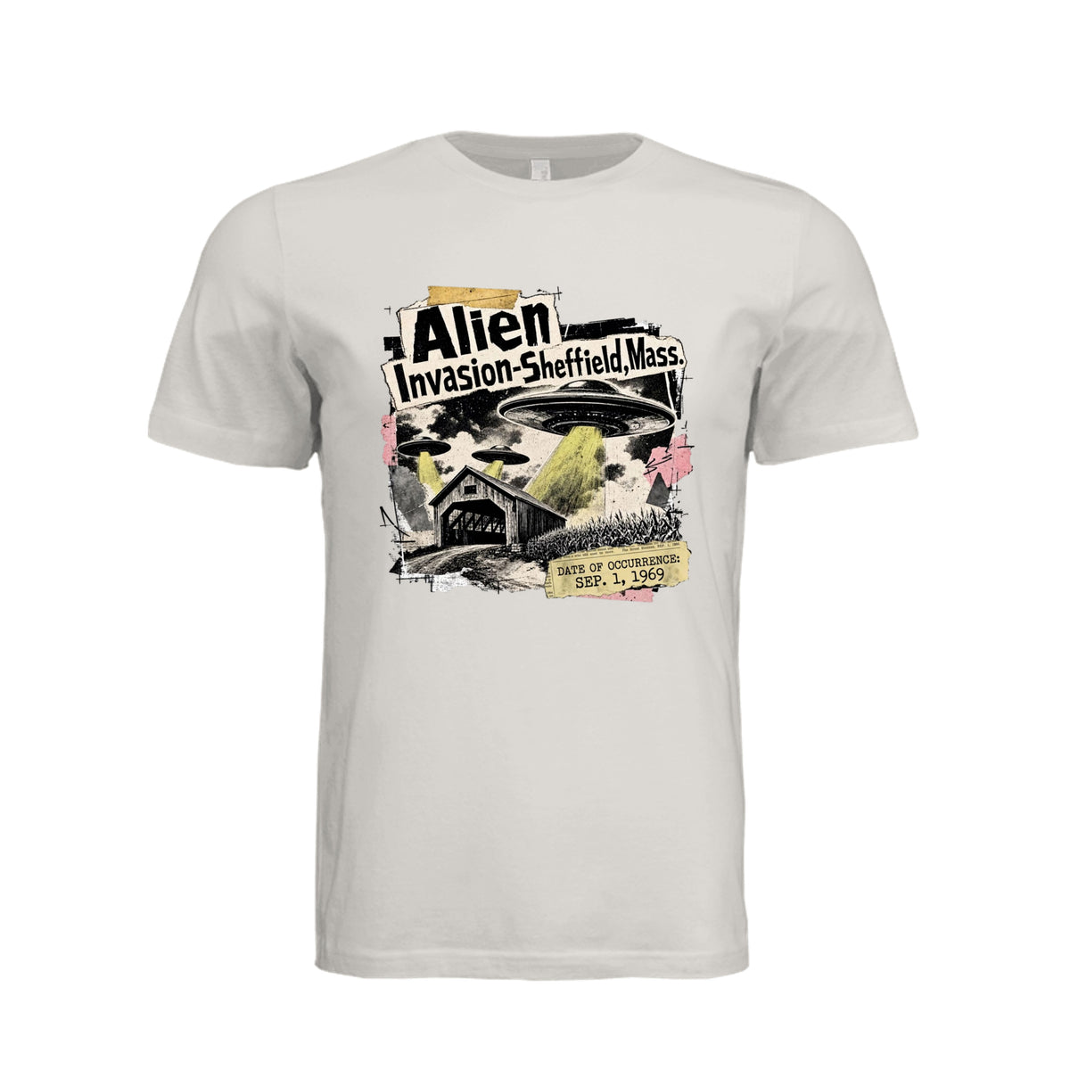 ndm:1780902-Adult graphic T-shirt featuring a grunge-style alien invasion and UFO design, custom DTF print by Stu Borncat Creations.