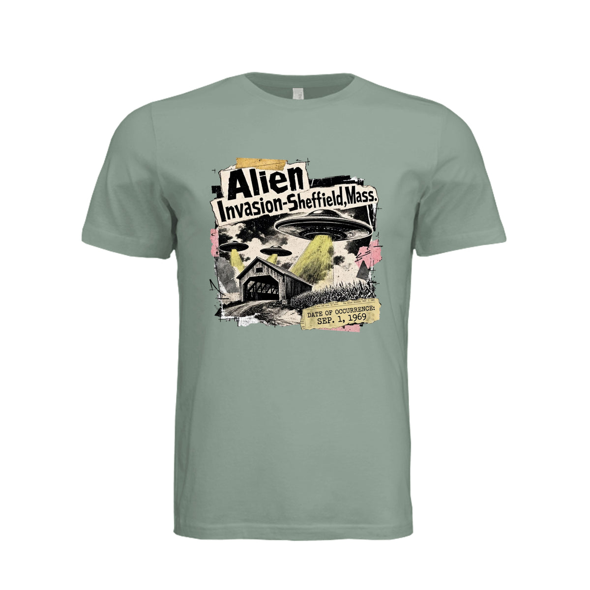 ndm:1781047-Adult graphic T-shirt featuring a grunge-style alien invasion and UFO design, custom DTF print by Stu Borncat Creations.