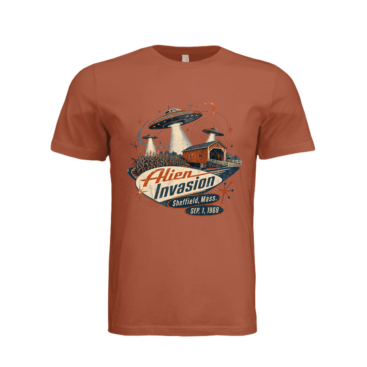 ndm:1781437-Adult graphic T-shirt featuring a retro alien invasion and UFO design, custom DTF print by Stu Borncat Creations.