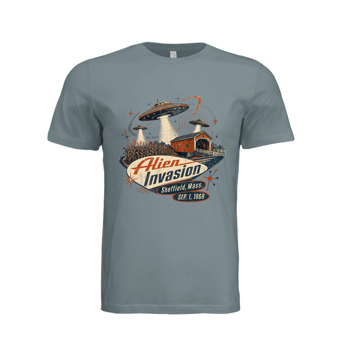 ndm:1781439-Adult graphic T-shirt featuring a retro alien invasion and UFO design, custom DTF print by Stu Borncat Creations.