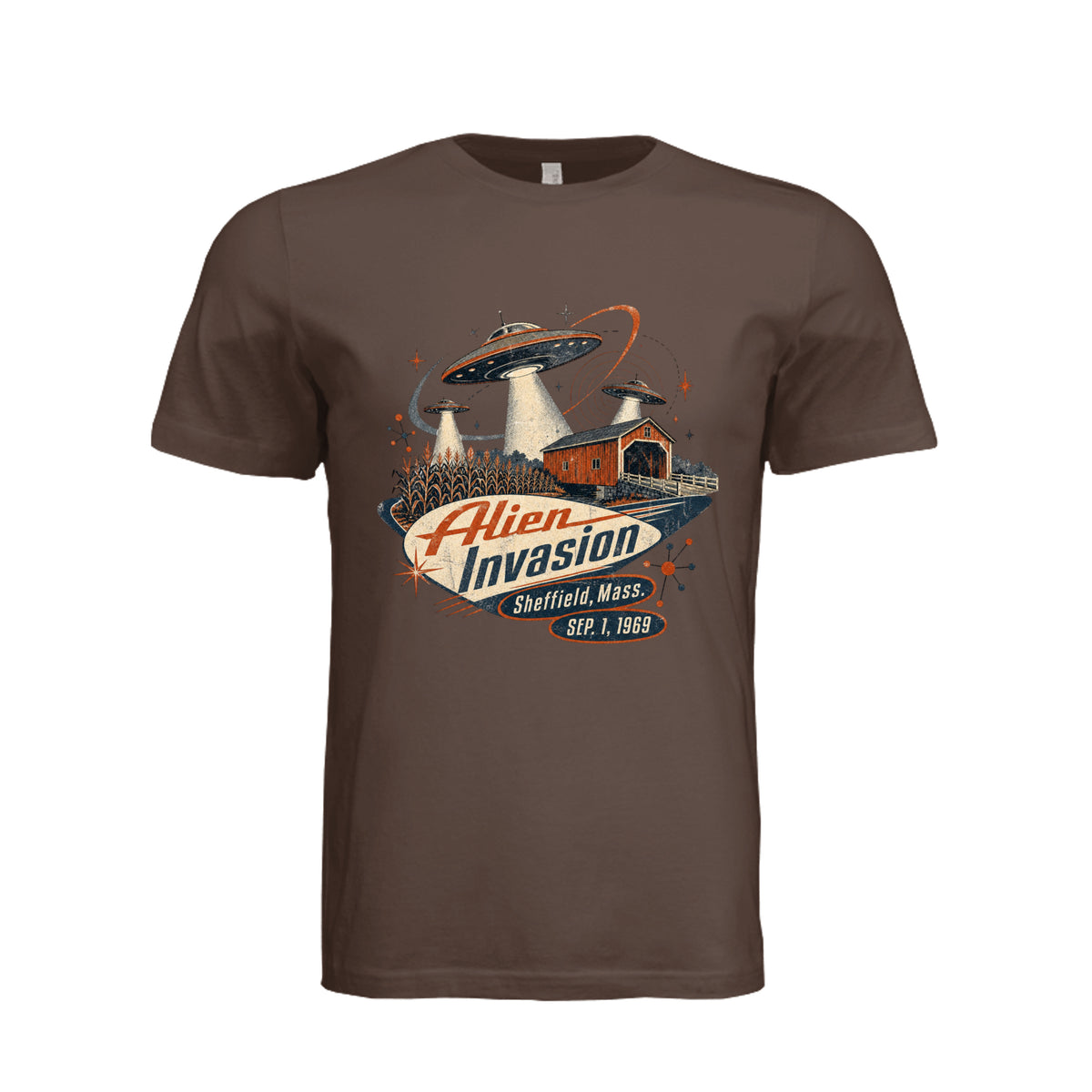 ndm:1781441-Adult graphic T-shirt featuring a retro alien invasion and UFO design, custom DTF print by Stu Borncat Creations.