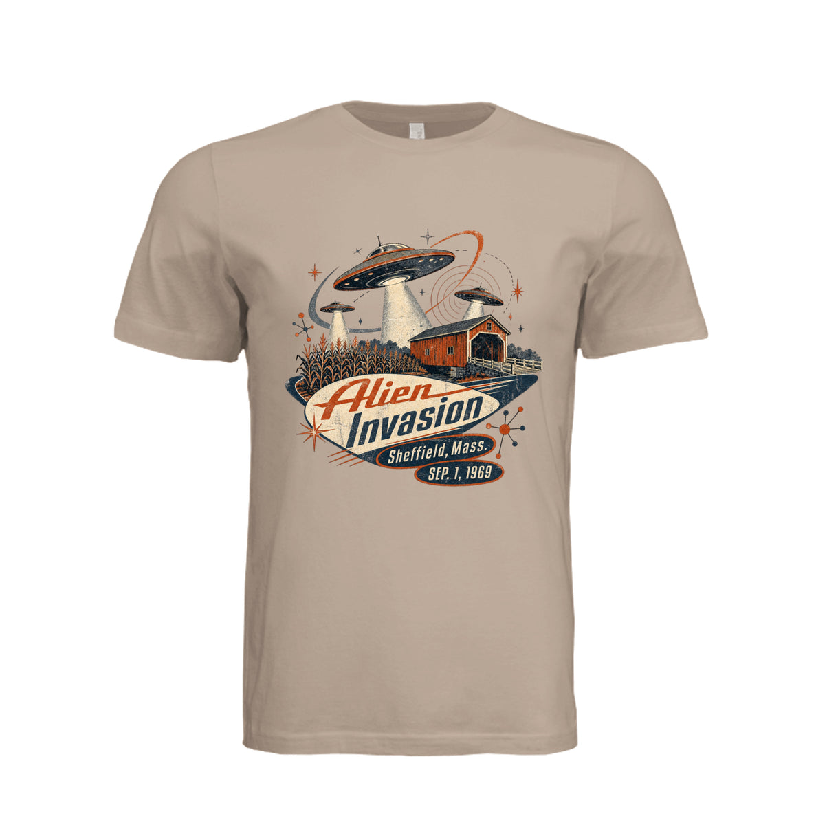 ndm:1781443-Adult graphic T-shirt featuring a retro alien invasion and UFO design, custom DTF print by Stu Borncat Creations.