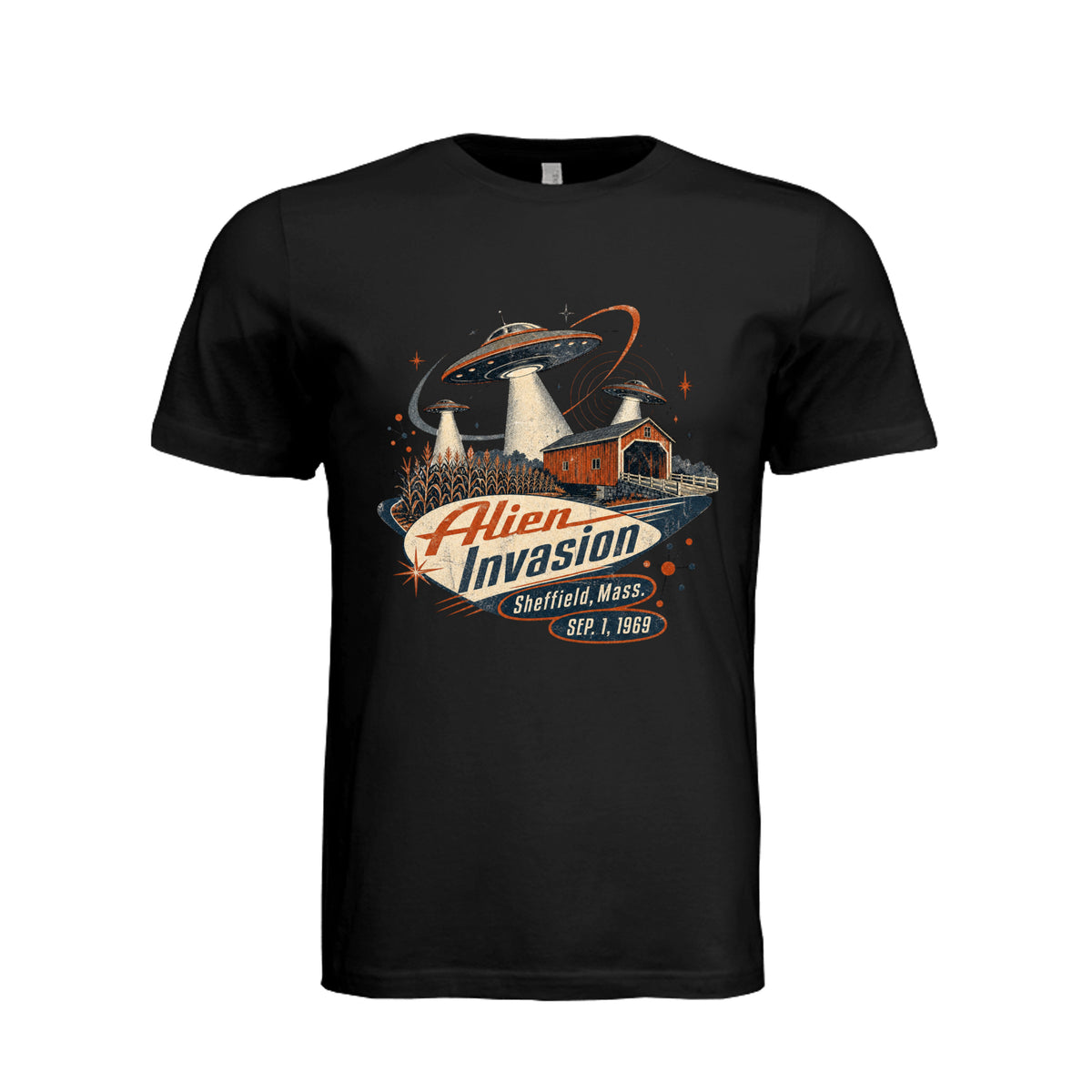 ndm:1781445-Adult graphic T-shirt featuring a retro alien invasion and UFO design, custom DTF print by Stu Borncat Creations.