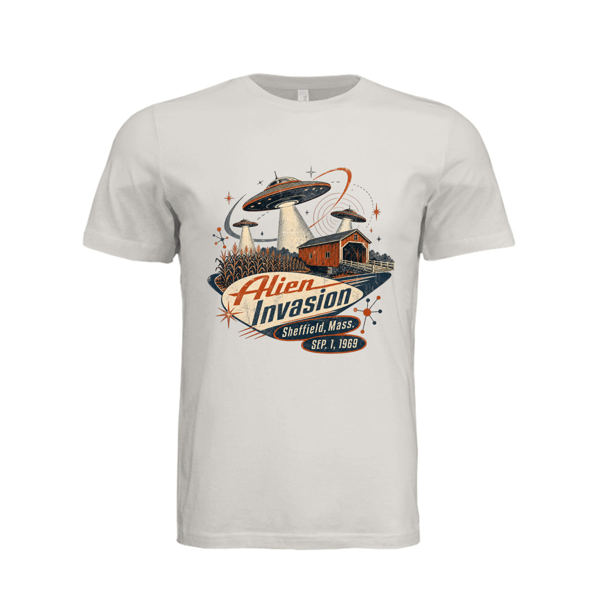 ndm:1781447-Adult graphic T-shirt featuring a retro alien invasion and UFO design, custom DTF print by Stu Borncat Creations.