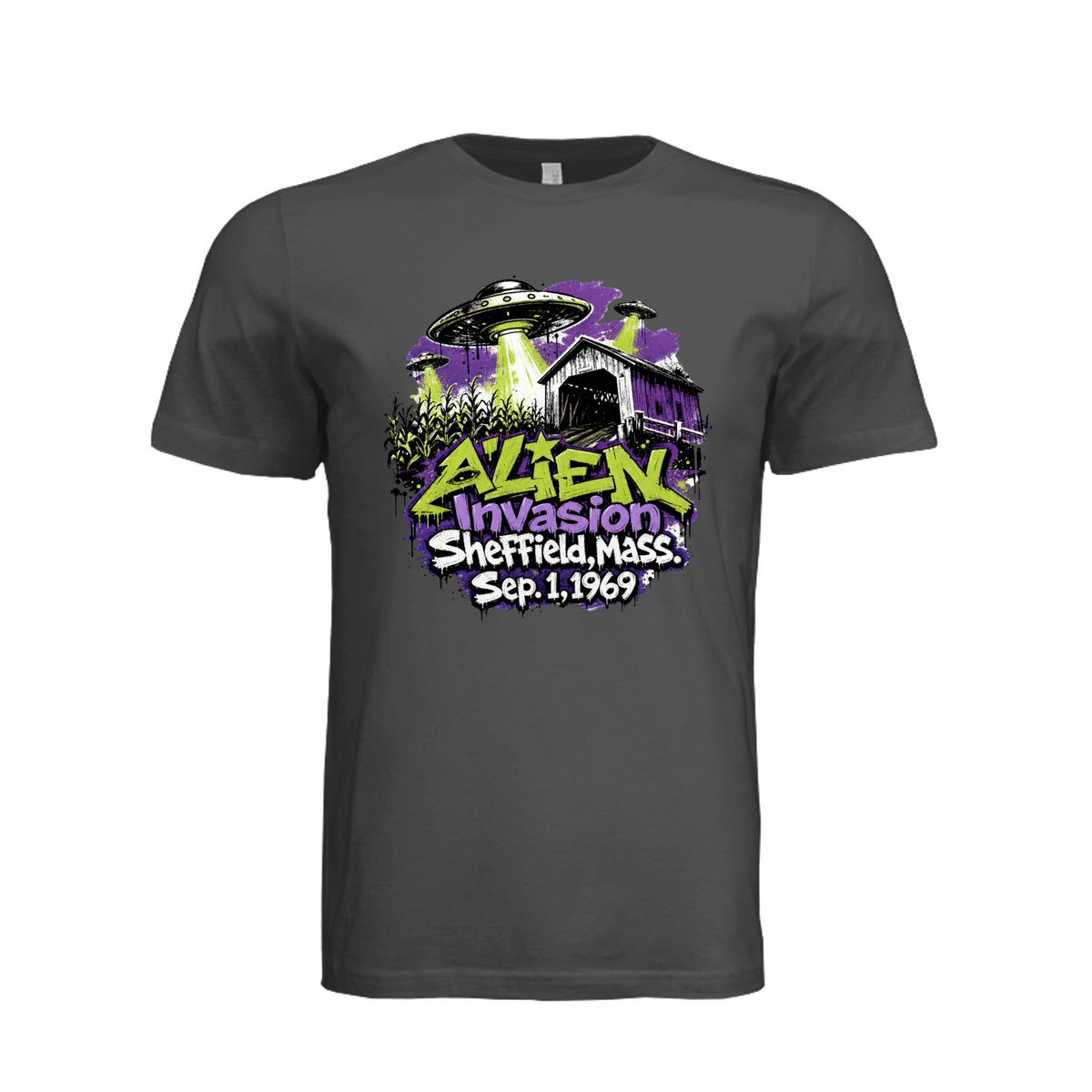 ndm:1782421-Adult graphic T-shirt featuring a graffiti-style alien invasion and UFO design, custom DTF print by Stu Borncat Creations.
