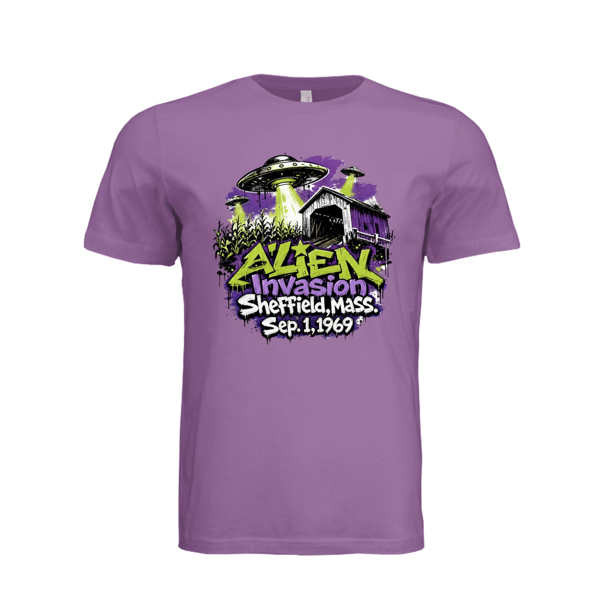 ndm:1782423-Adult graphic T-shirt featuring a graffiti-style alien invasion and UFO design, custom DTF print by Stu Borncat Creations.