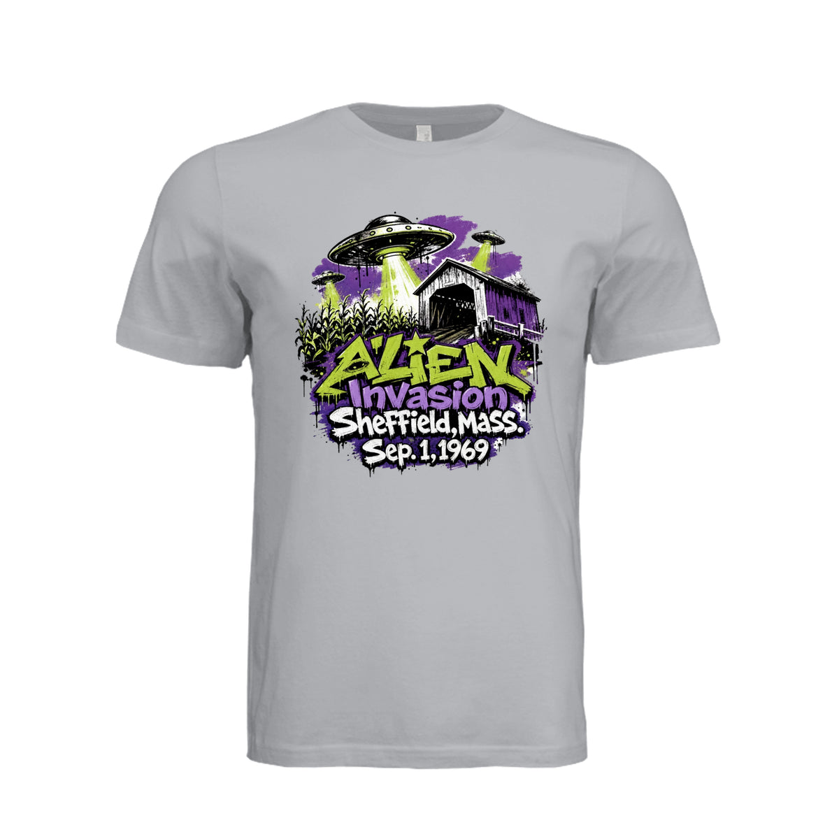 ndm:1782425-Adult graphic T-shirt featuring a graffiti-style alien invasion and UFO design, custom DTF print by Stu Borncat Creations.