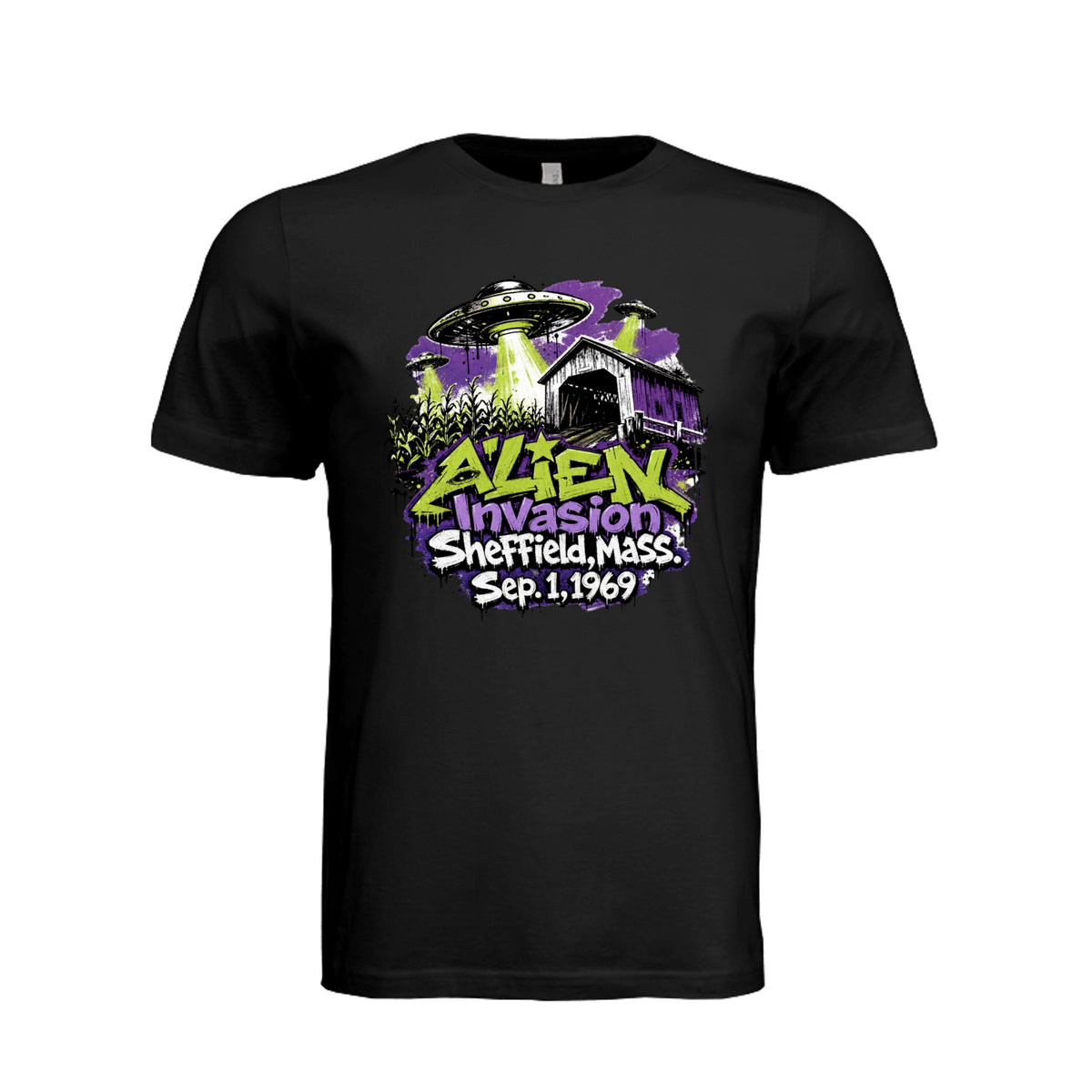 ndm:1782427-Adult graphic T-shirt featuring a graffiti-style alien invasion and UFO design, custom DTF print by Stu Borncat Creations.