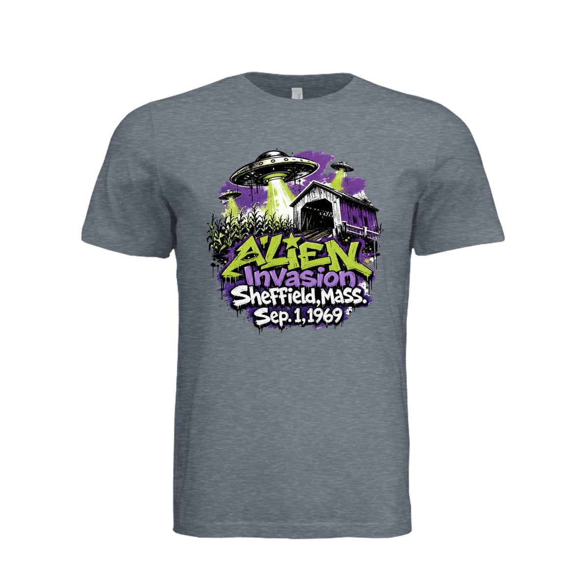 ndm:1782429-Adult graphic T-shirt featuring a graffiti-style alien invasion and UFO design, custom DTF print by Stu Borncat Creations.